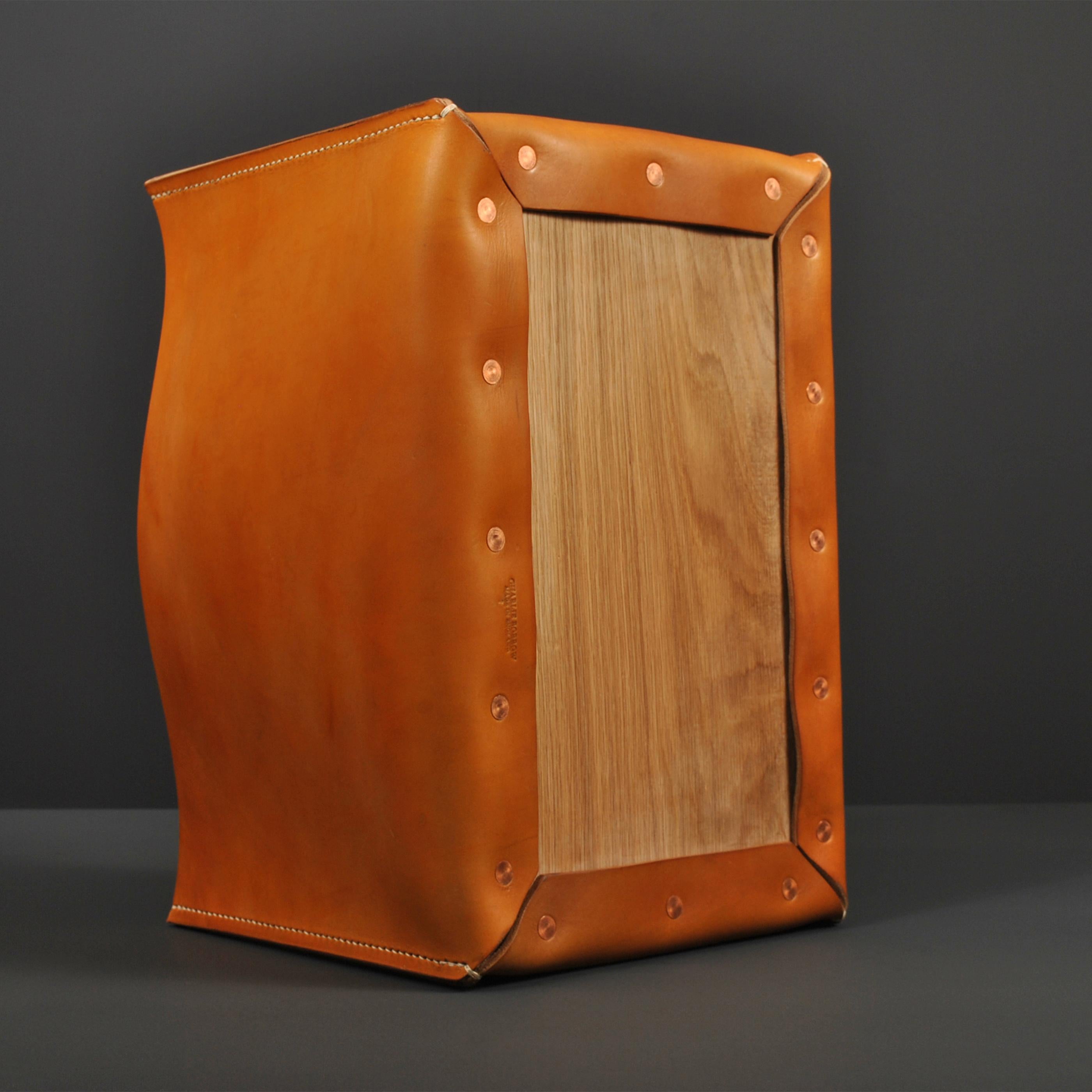 Hand-Crafted Tan Leather & Oak Box For Sale 1