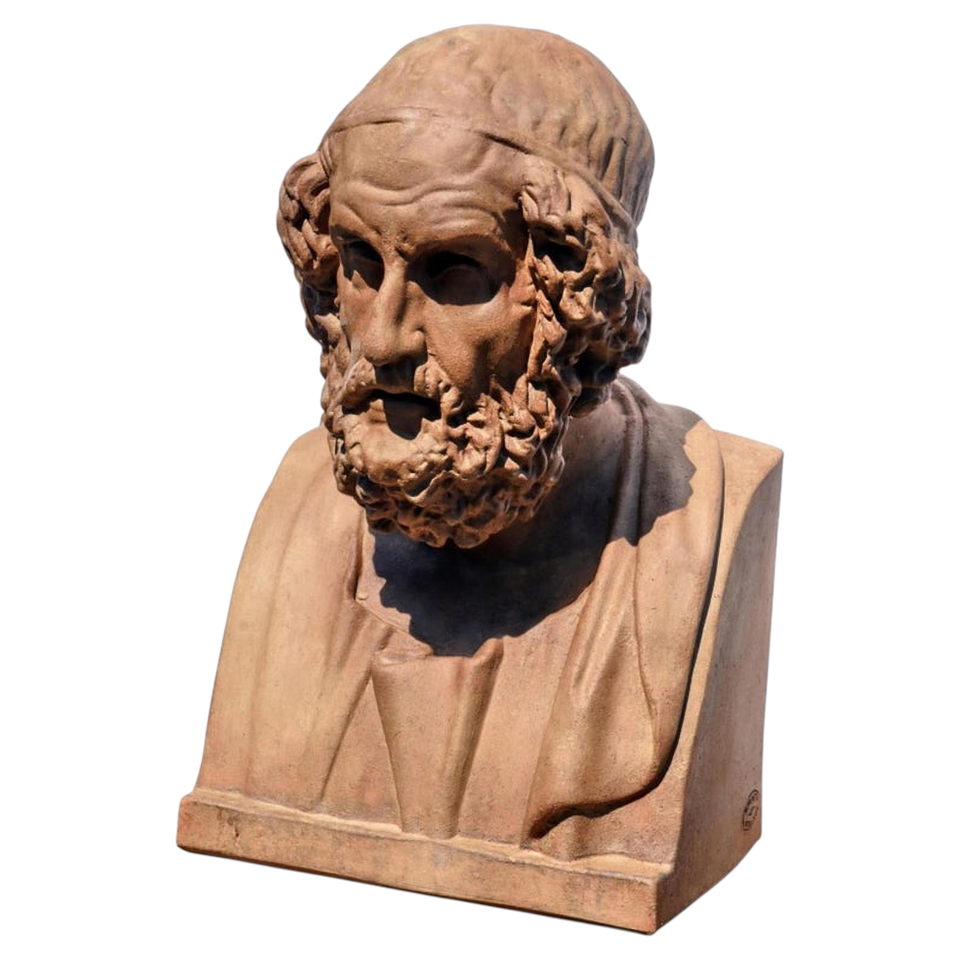 Escultura artesanal de terracota con busto de Homero, Italia, Siglo XXI h: 60cm