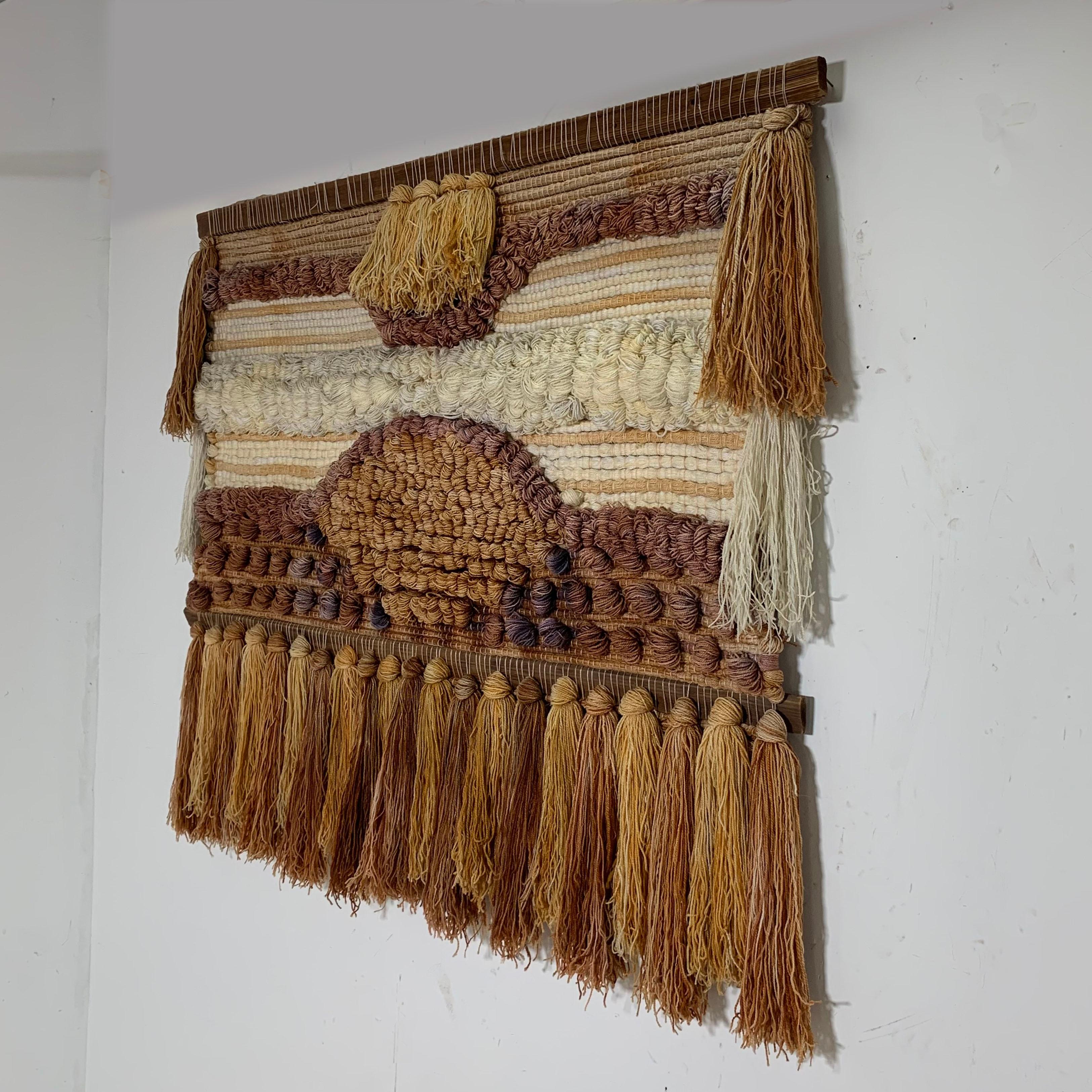Handmade fiber art wall hanging, circa 1970s. Can be rolled for shipping.