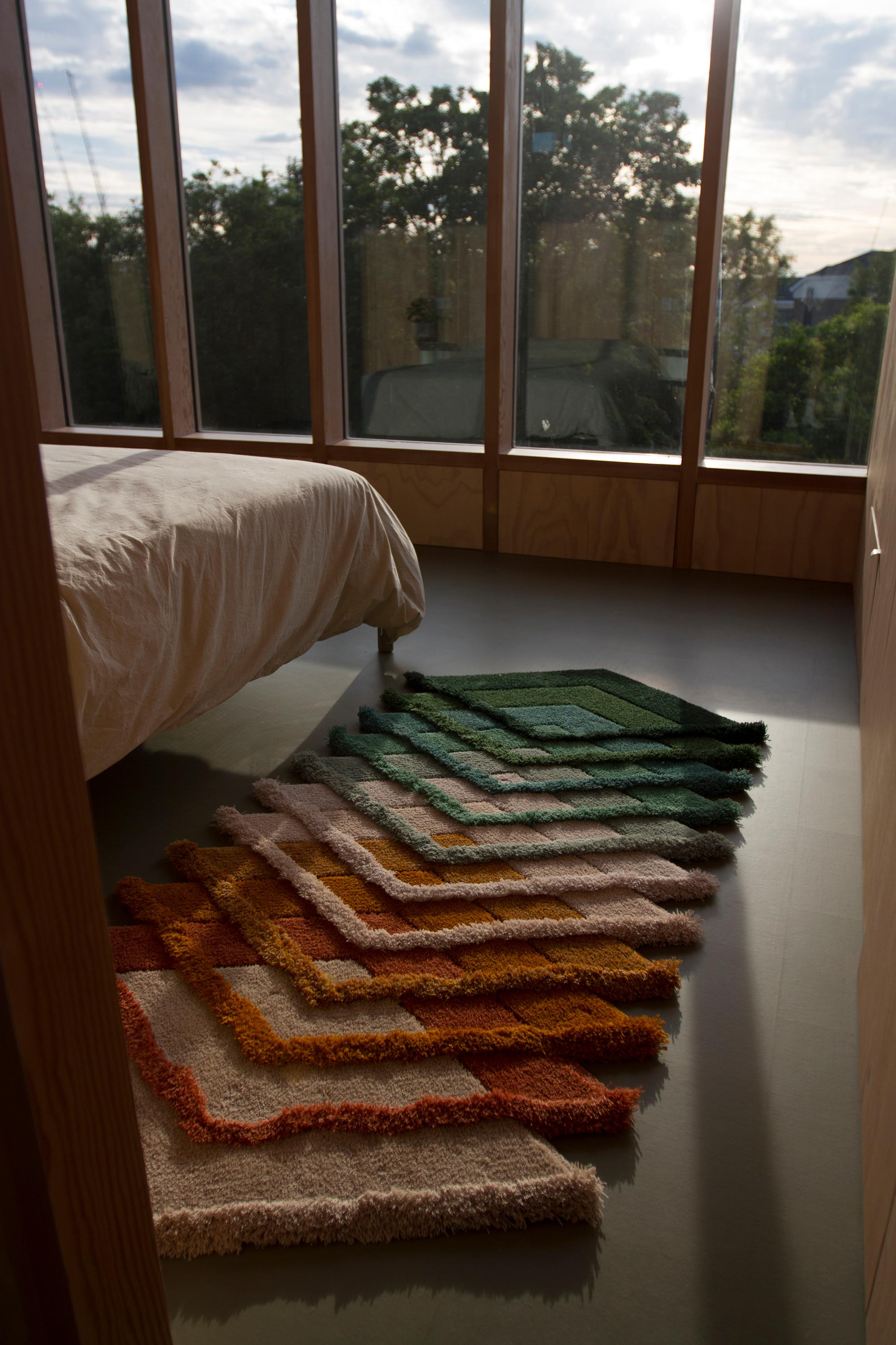 Woven Green, orange & white, hand crafted tufted British wool rug runner For Sale