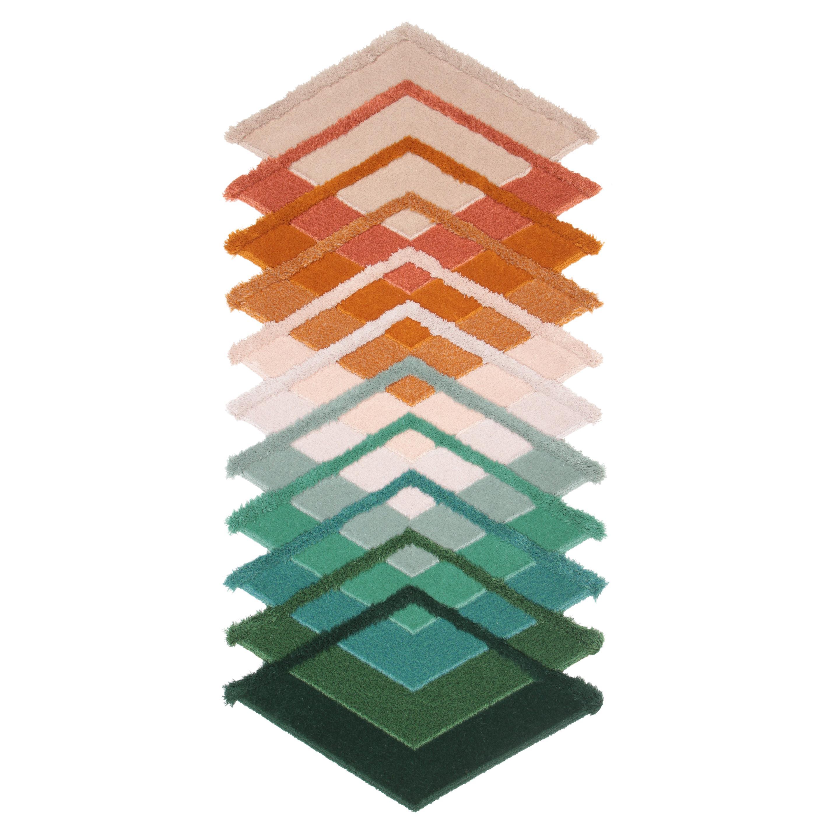 Green, orange & white, hand crafted tufted British wool rug runner