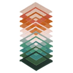 Alfombra de lana británica con pelo insertado, verde, naranja y blanca, hecha a mano