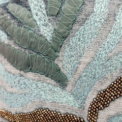 Handcrafted Velvet Pillow Hand Embroidered Abstract Aqua Foliage Design