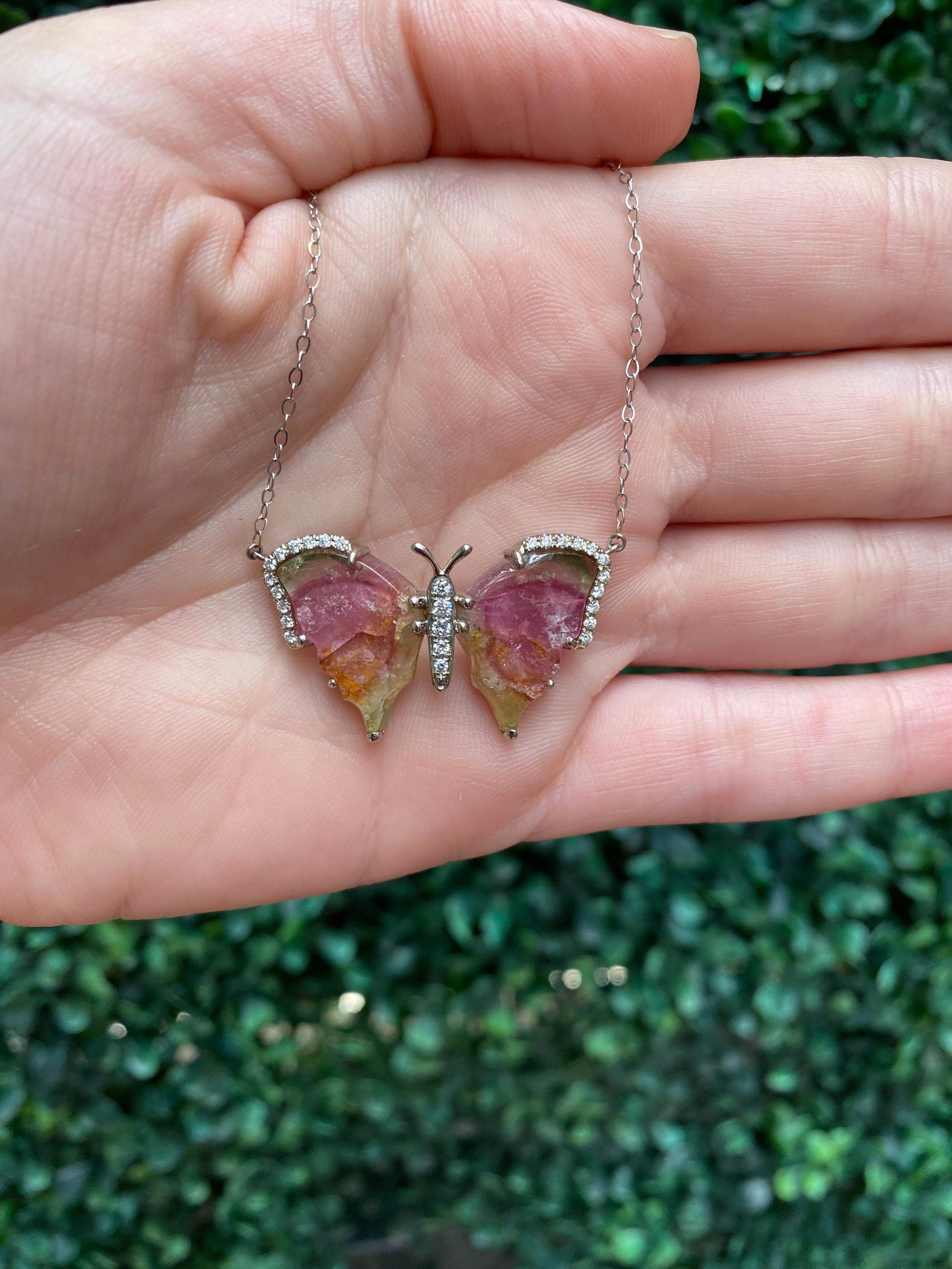 Handcrafted Watermelon Tourmaline Butterfly Necklace For Sale 4