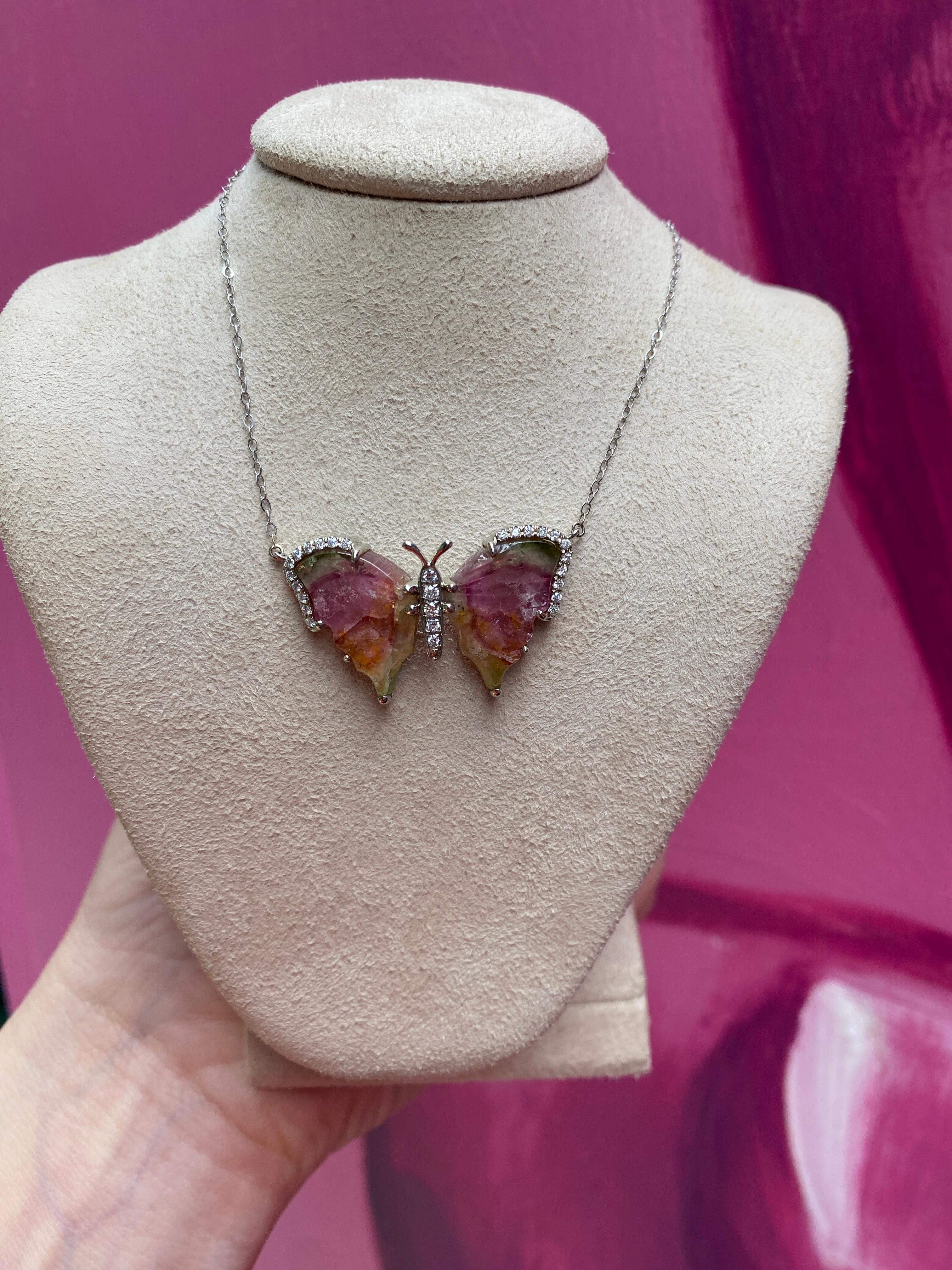 Handcrafted Watermelon Tourmaline Butterfly Necklace For Sale 5
