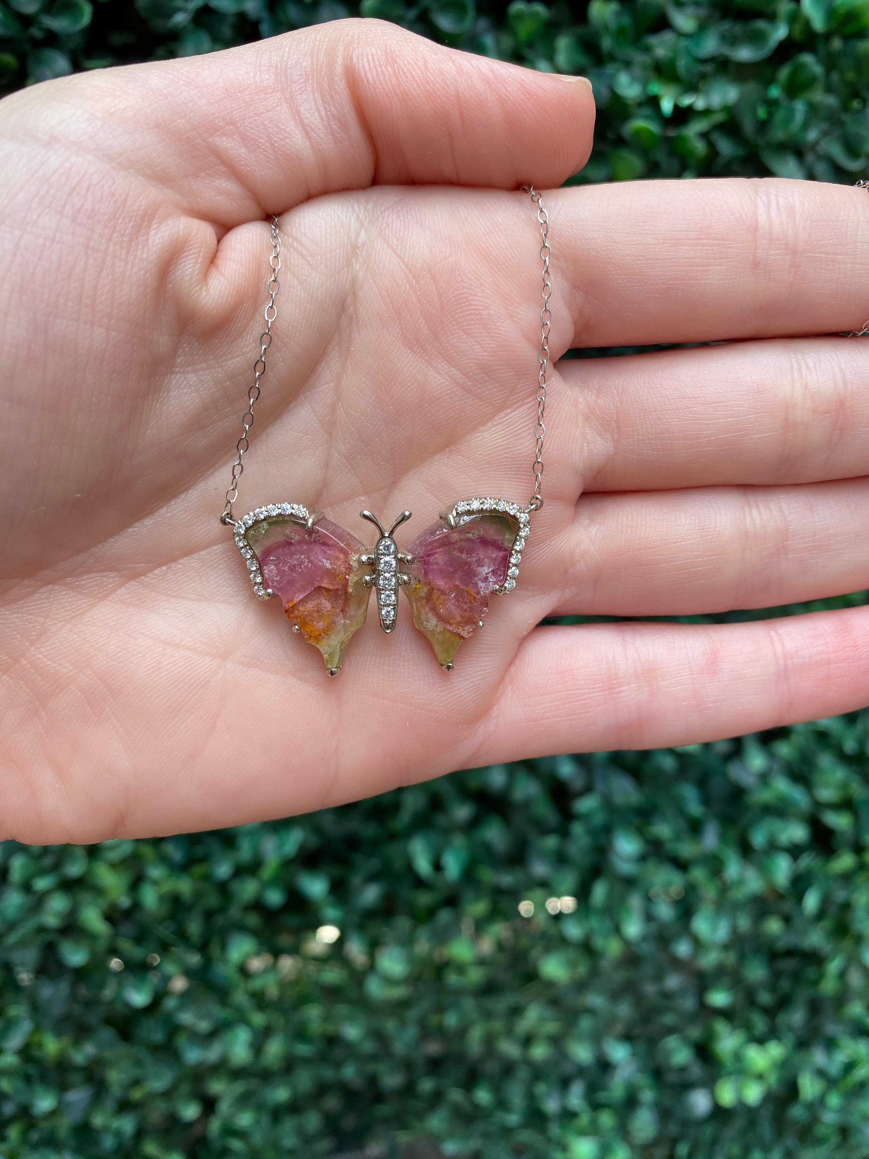 Handcrafted Watermelon Tourmaline Butterfly Necklace For Sale 6