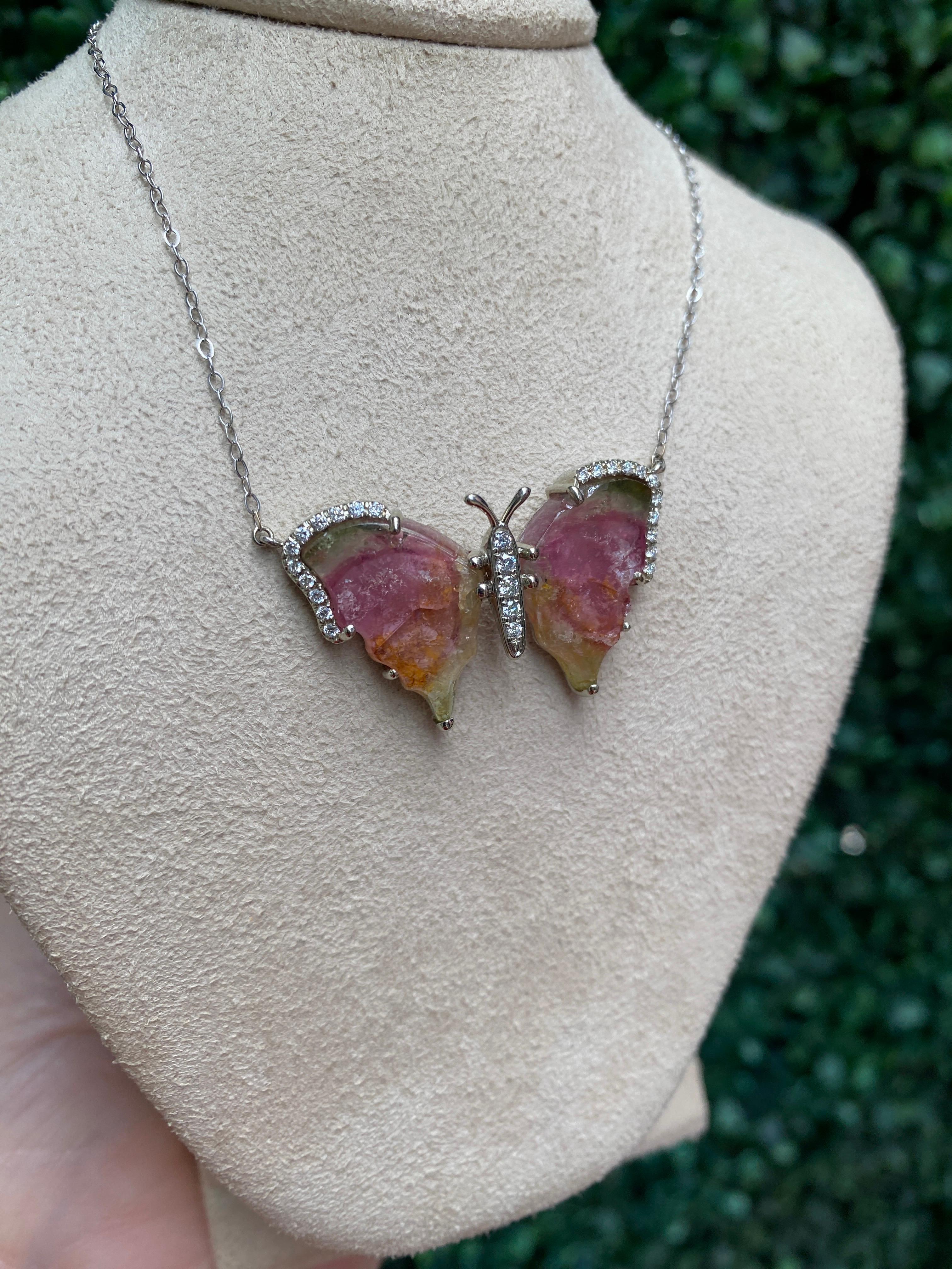 Handcrafted Watermelon Tourmaline Butterfly Necklace For Sale 7