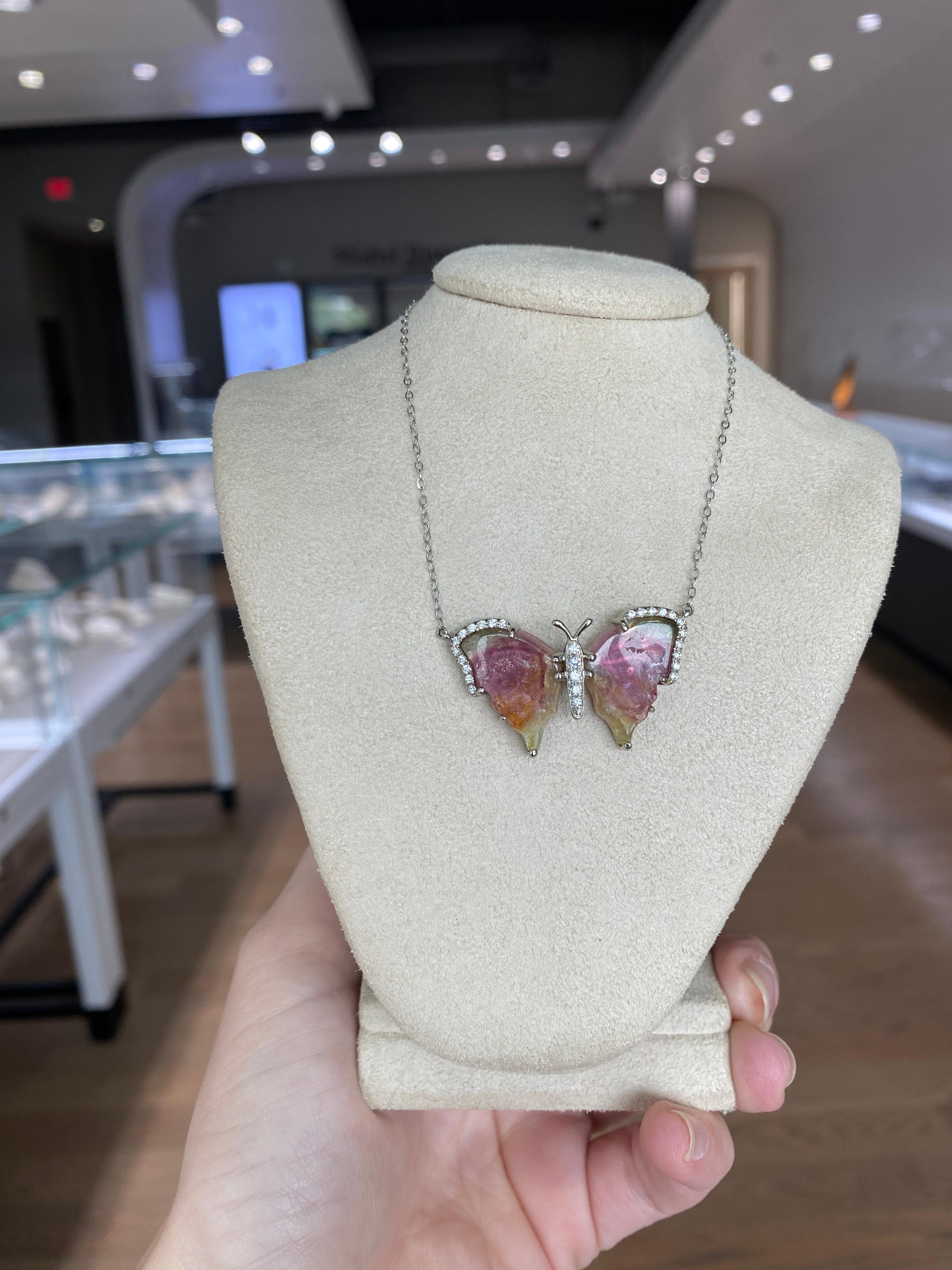 Tumbled Handcrafted Watermelon Tourmaline Butterfly Necklace For Sale