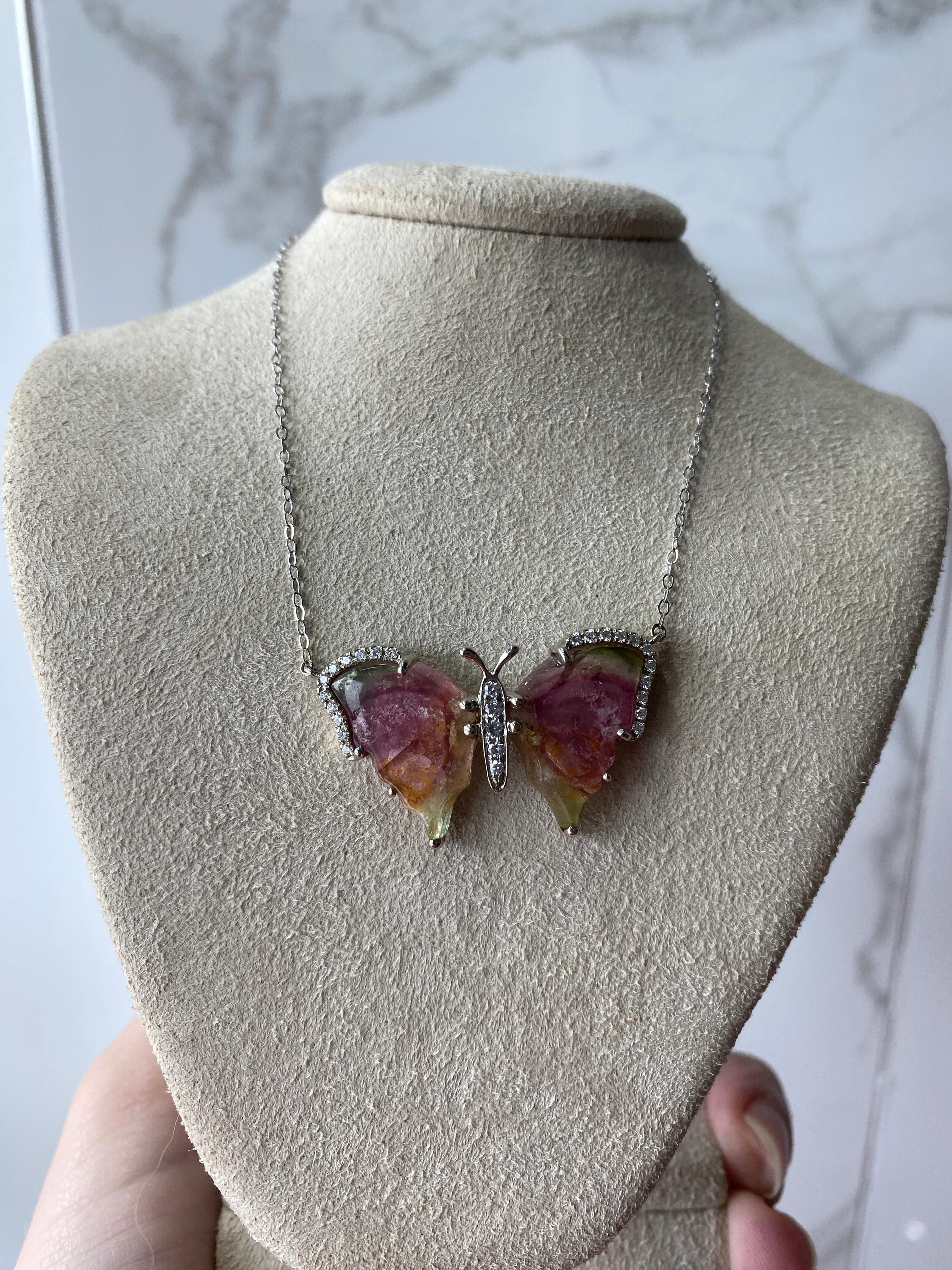 Handcrafted Watermelon Tourmaline Butterfly Necklace In New Condition For Sale In Houston, TX