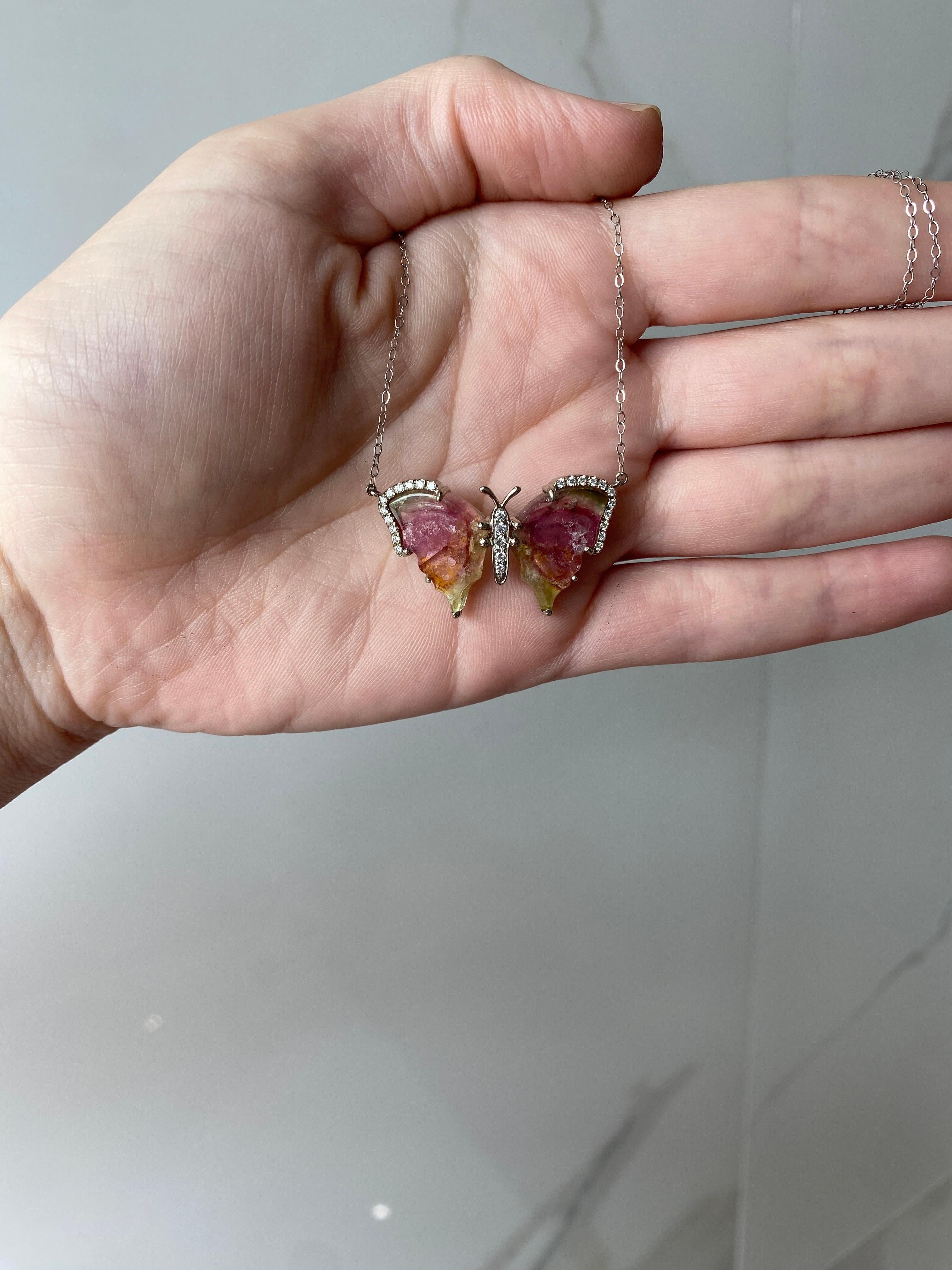 Women's or Men's Handcrafted Watermelon Tourmaline Butterfly Necklace For Sale