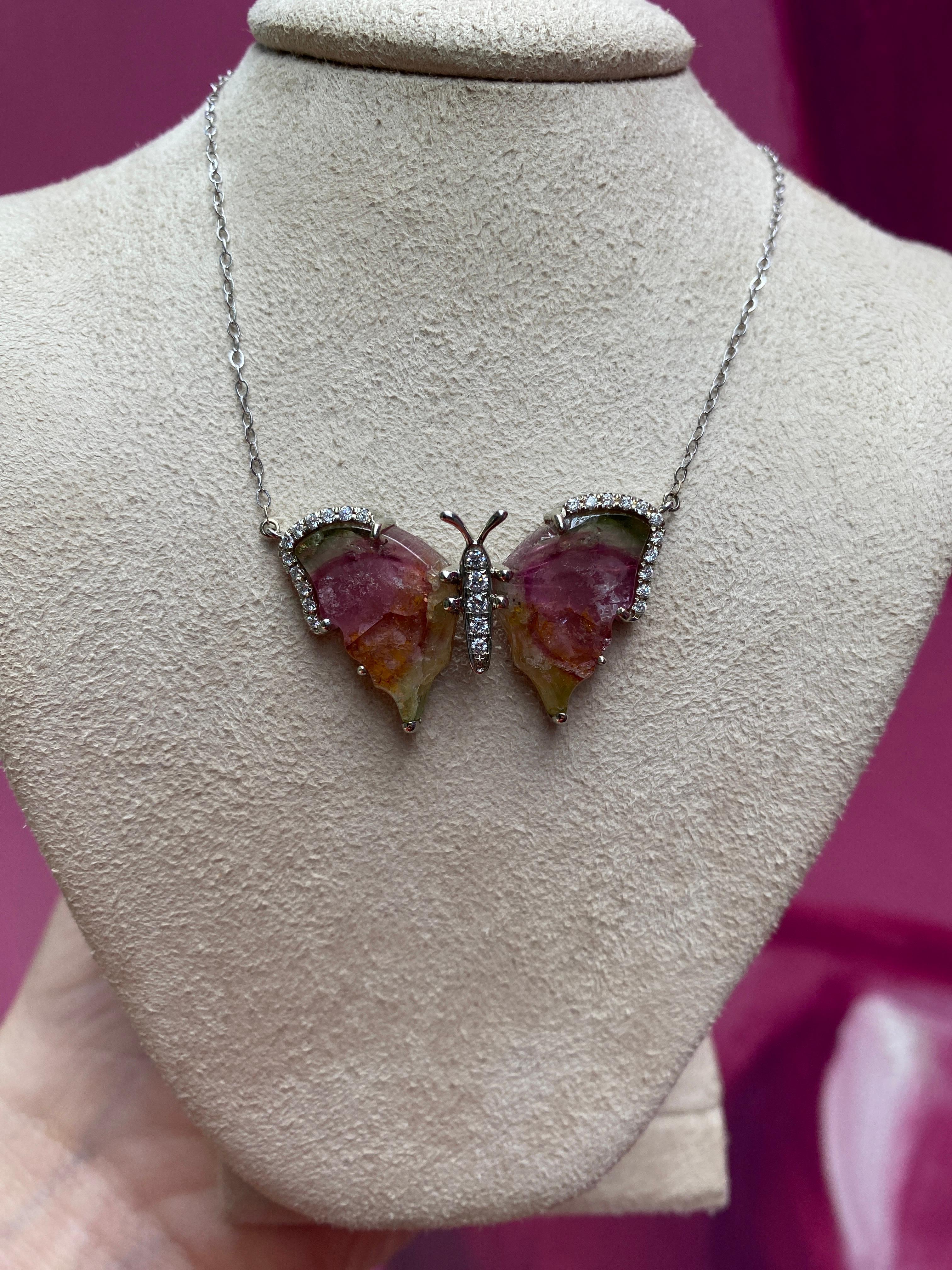 Handcrafted Watermelon Tourmaline Butterfly Necklace For Sale 1