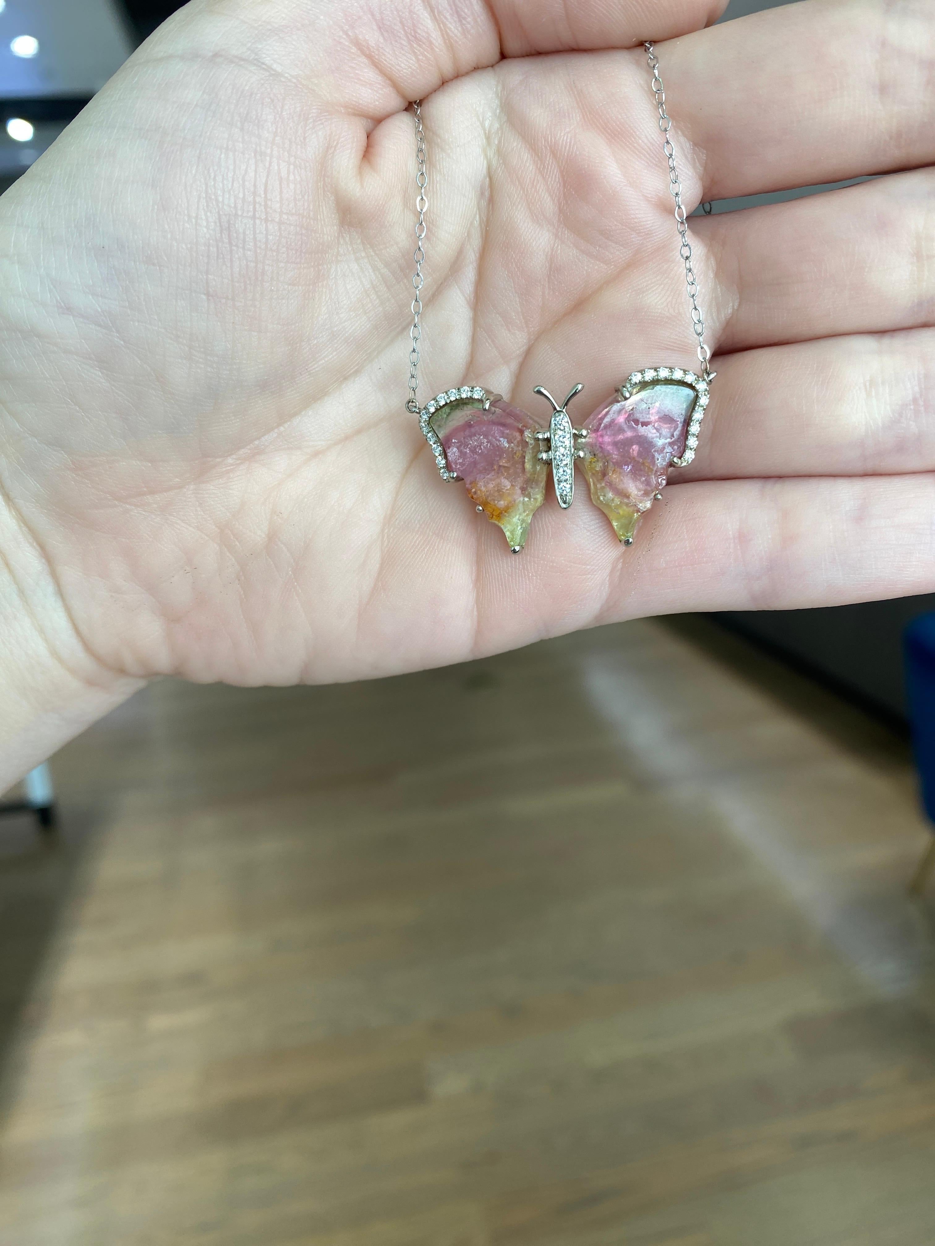 Handcrafted Watermelon Tourmaline Butterfly Necklace For Sale 2