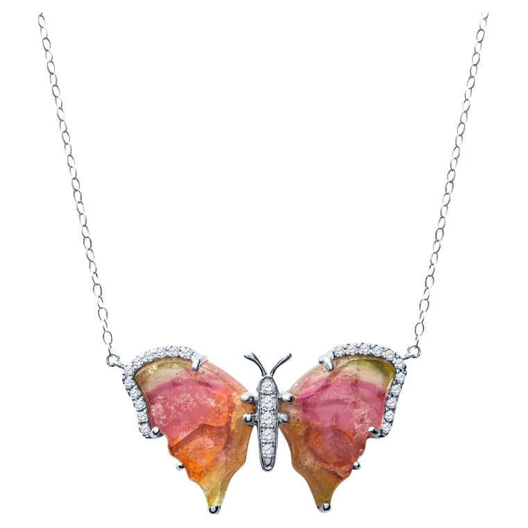 Handcrafted Watermelon Tourmaline Butterfly Necklace For Sale