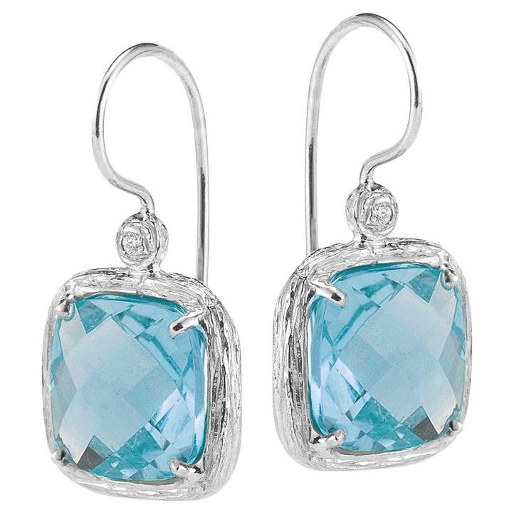 Hand-Crafted White Gold Blue Topaz Color Stone Drop Earrings