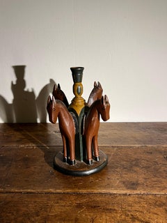 Hand-crafted Wooden Candlestick "4 Horses", Folk Art, Norway / Sweden