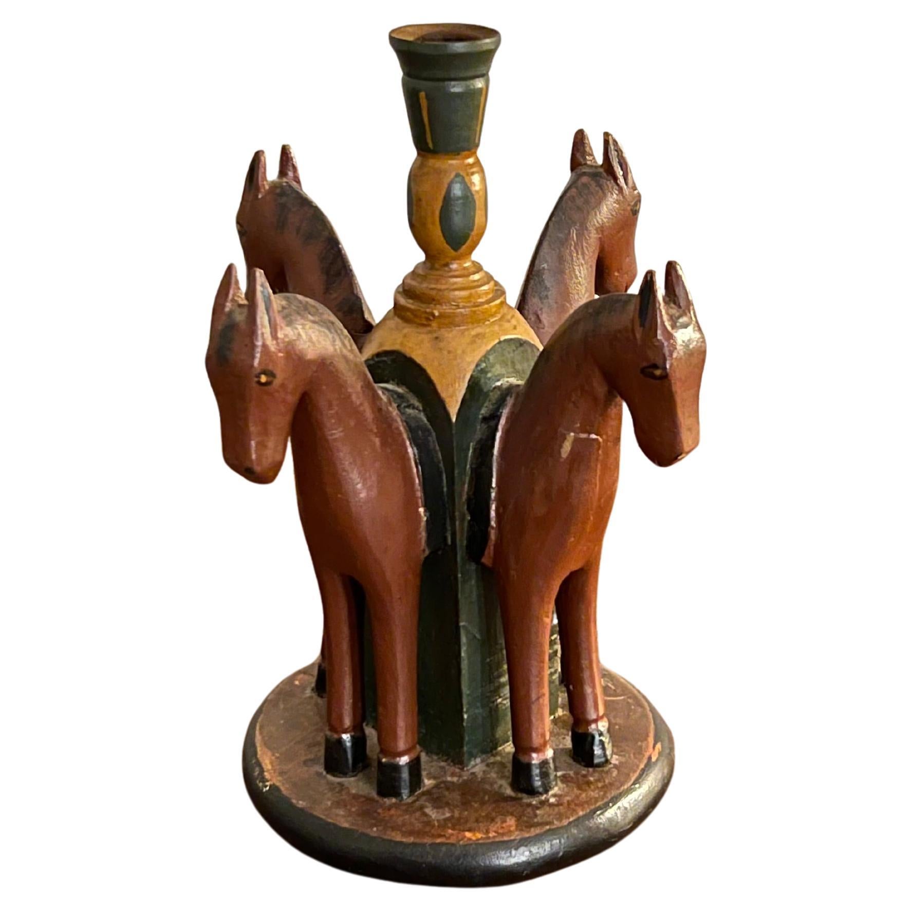 Hand-crafted Wooden Candlestick "4 Horses", Folk Art, Norway / Sweden For Sale
