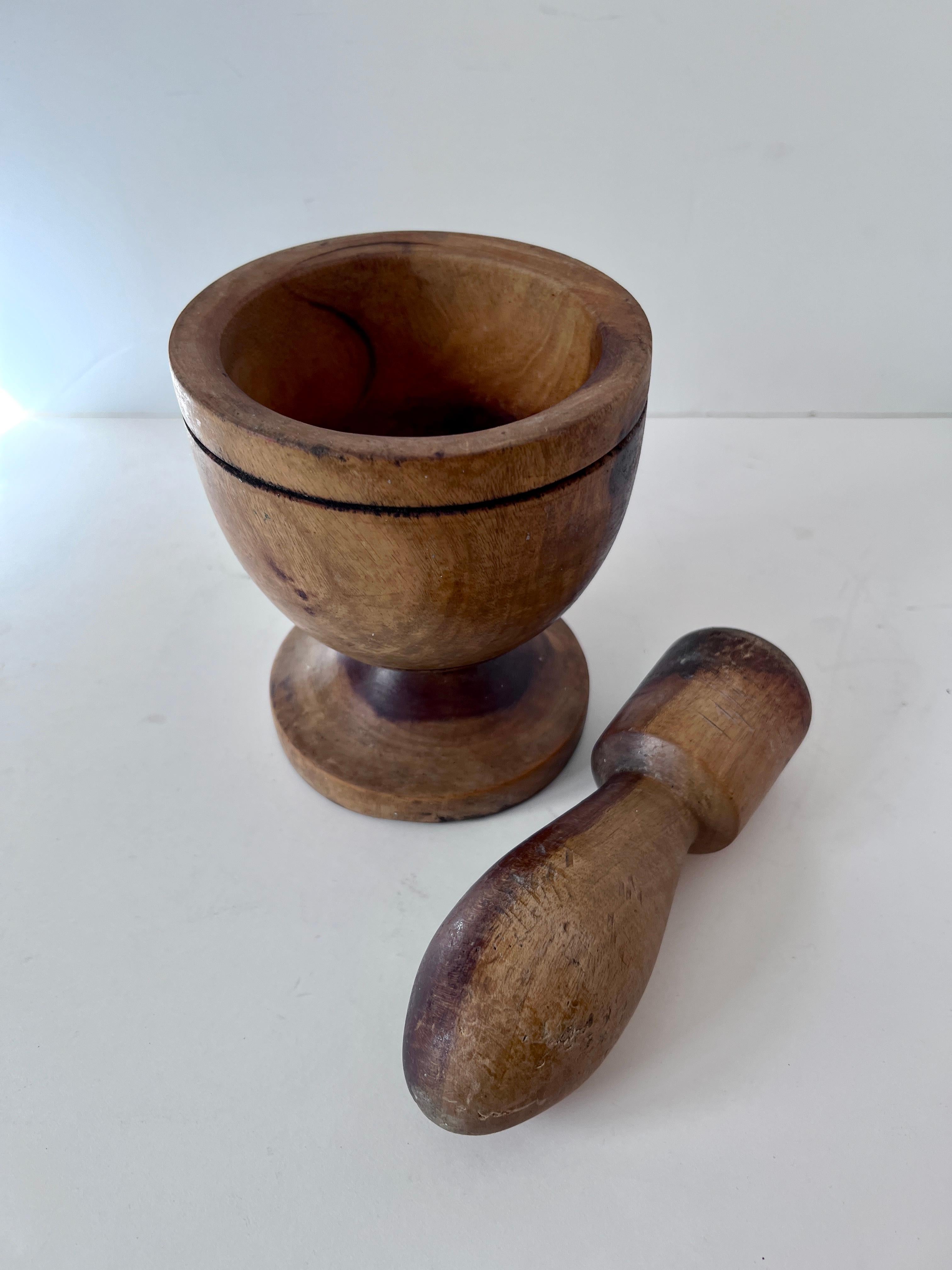 Hand-Carved Hand Crafted Wooden Mortar and Pestle For Sale