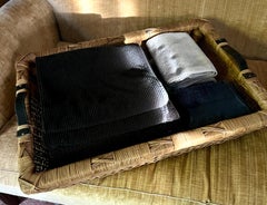Hand Crafted Woven Laundry Basket or Tray With Leather Handles
