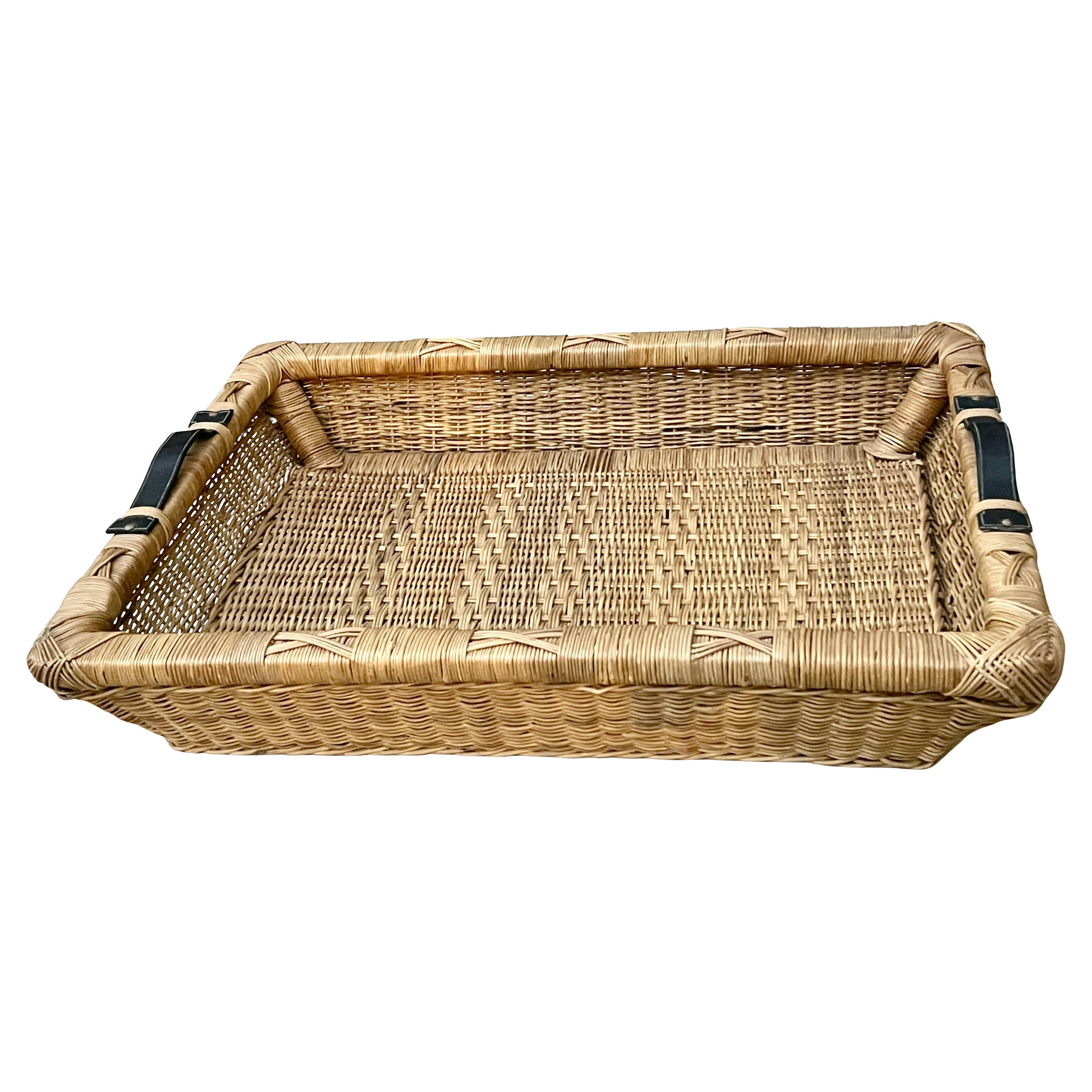 Hand Crafted Woven Laundry Basket or Tray With Leather Handles