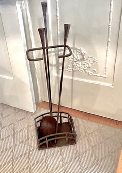 Hand Crafted Wrought Iron Fireplace Set in the Style of Giacometti