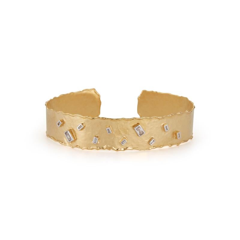 14 Karat Yellow Gold Hand-Crafted Matte and Hammer-Finished Scallop-Edged 14mm Open Cuff Bracelet, Enhanced with 0.42 Carats of Scattered Baguette Diamonds.
