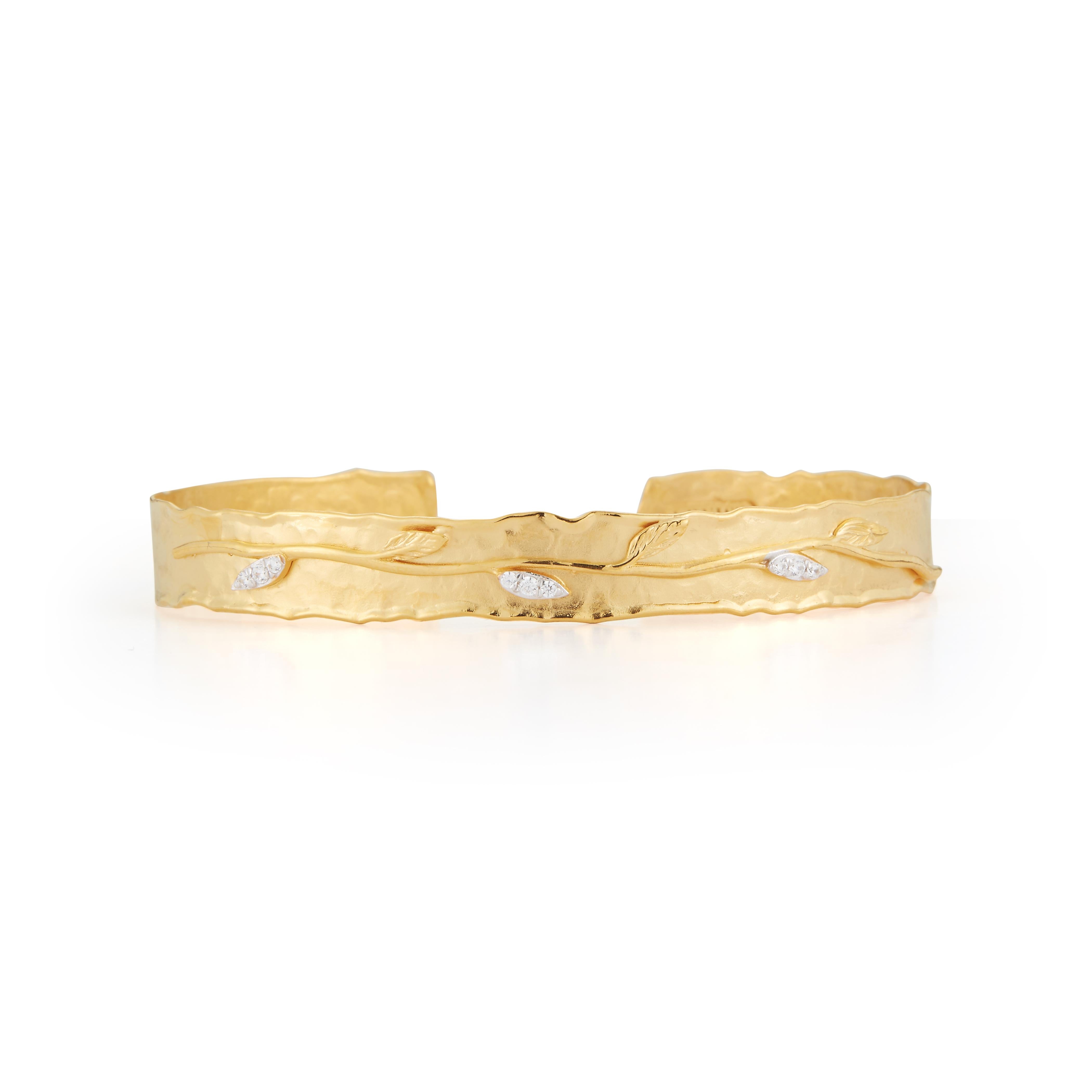 14 Karat Yellow Gold Hand-Crafted Matte and Hammer-Finished Scallop-Edged Vine Leaf Cuff Bangle Bracelet, Enhanced with 0.07 Carats of Pave Set Diamond Leaves.
