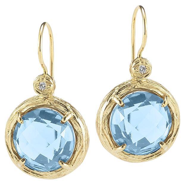 Hand-Crafted Yellow Gold Blue Topaz Color Stone Dangling Earrings For Sale