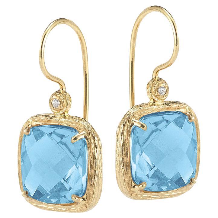 Hand-Crafted Yellow Gold Blue Topaz  Color Stone Drop Earrings For Sale