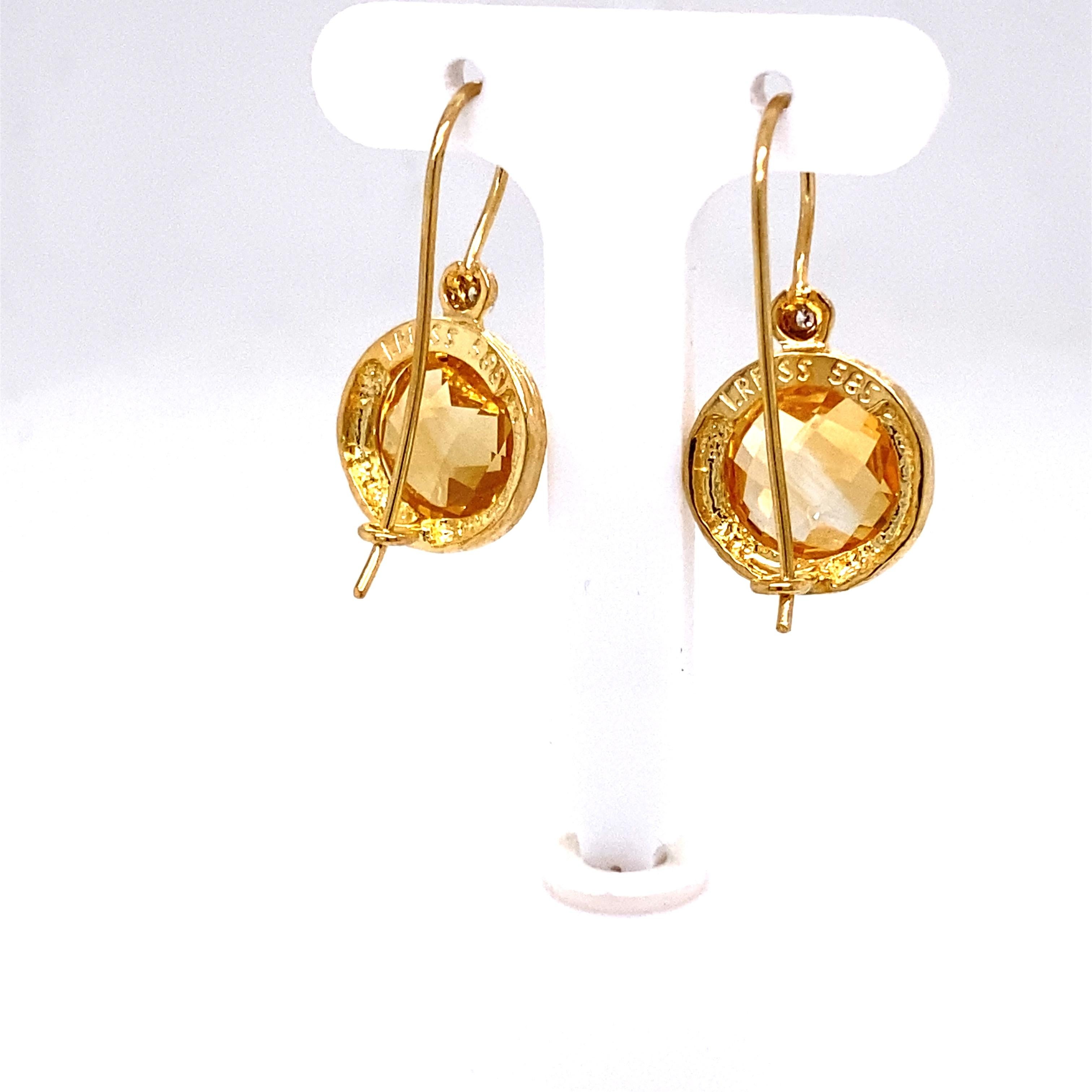 Round Cut Hand-Crafted Yellow Gold Citrine Color Stone Dangling Earrings For Sale