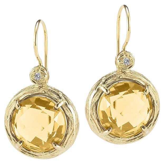 Hand-Crafted Yellow Gold Citrine Color Stone Dangling Earrings For Sale