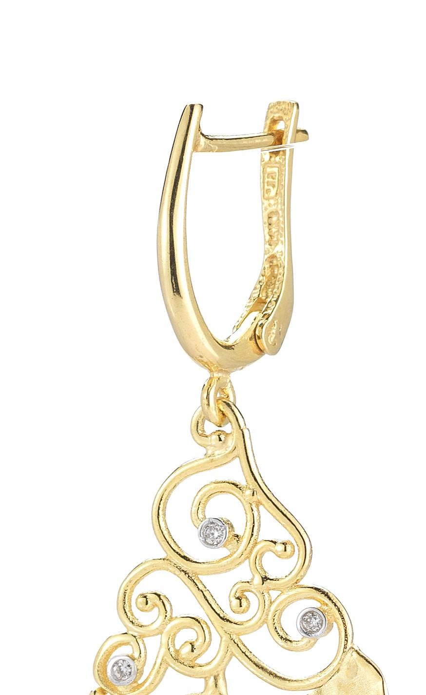 14 Karat Yellow Gold Hand-Crafted Matte And Hammer-Finished Tear-Drop Shaped Filigree Earrings, Accented With 0.045 Carats Of Bezel Set Diamonds Dangling on a Leverback Backfinding.
