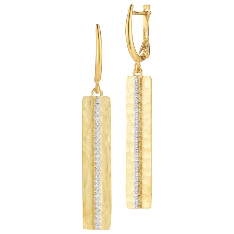 Handcrafted Yellow Gold Handcrafted Hammered DogTag Earrings For Sale