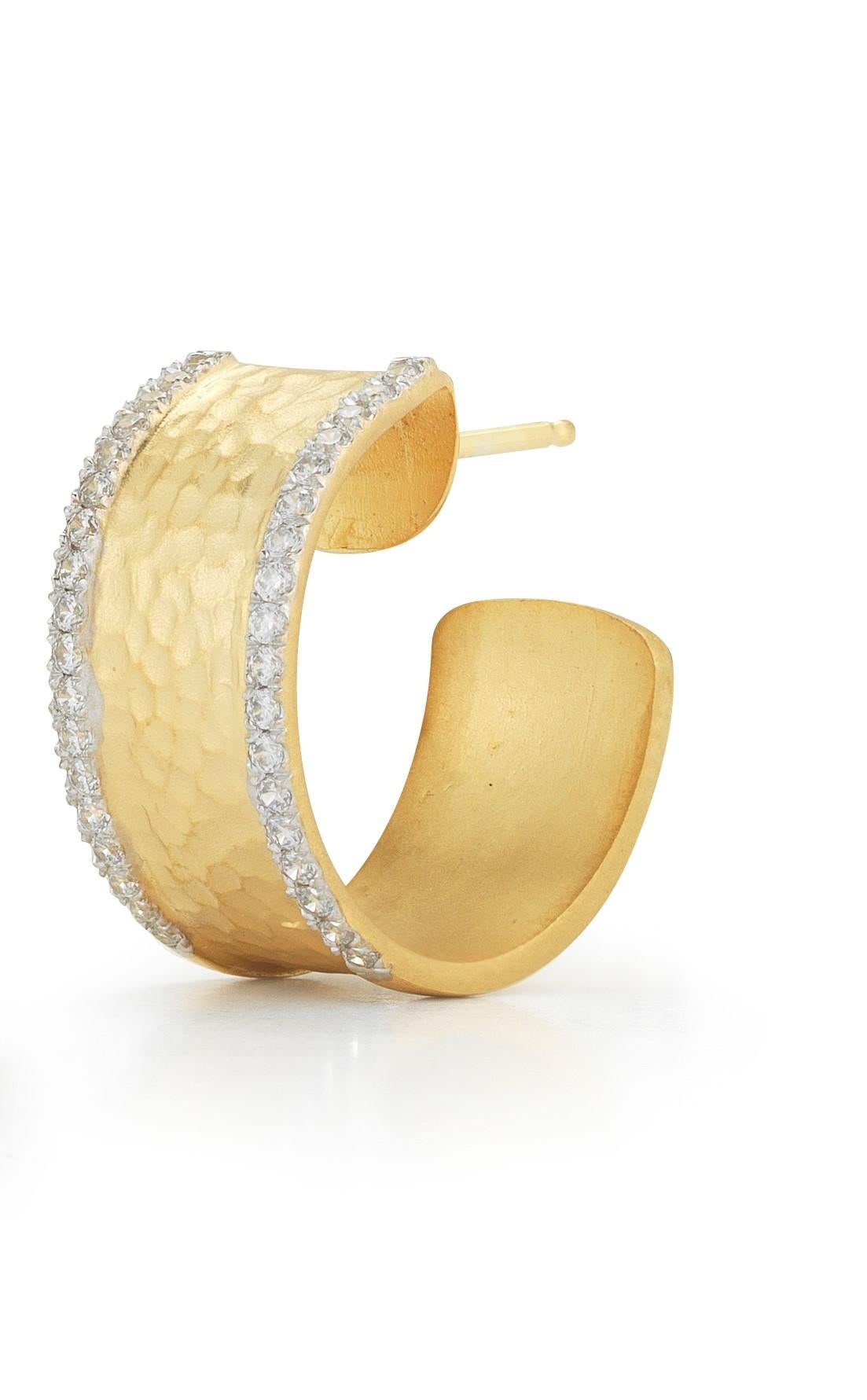 14 Karat Yellow Gold Hand-Crafted Matte And Hammer-Finished Hoop Earrings, Set With 0.43 Carats Of Pave Set Diamonds on a Post.
