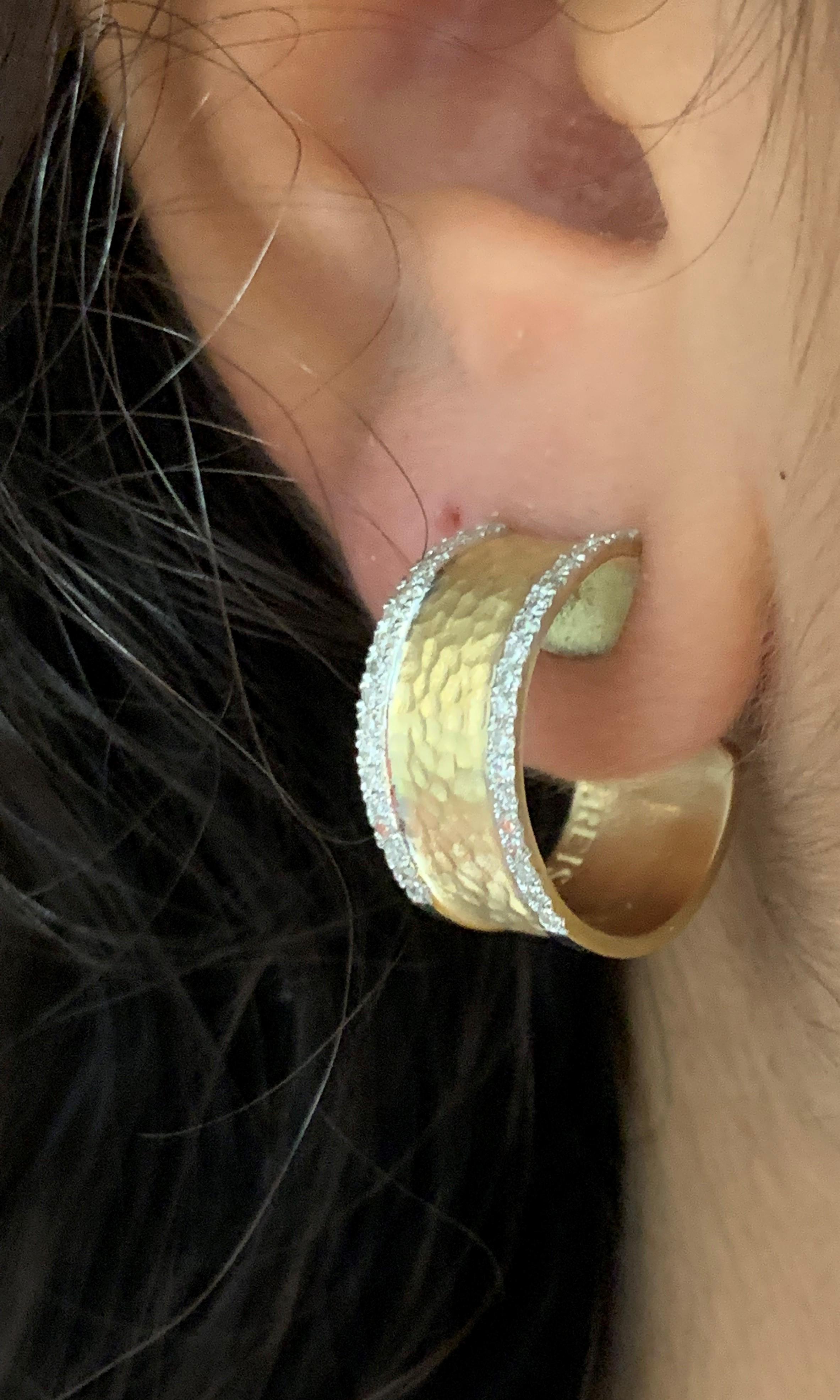 Round Cut Handcrafted Yellow Gold Handcrafted Hammered Hoop Earrings