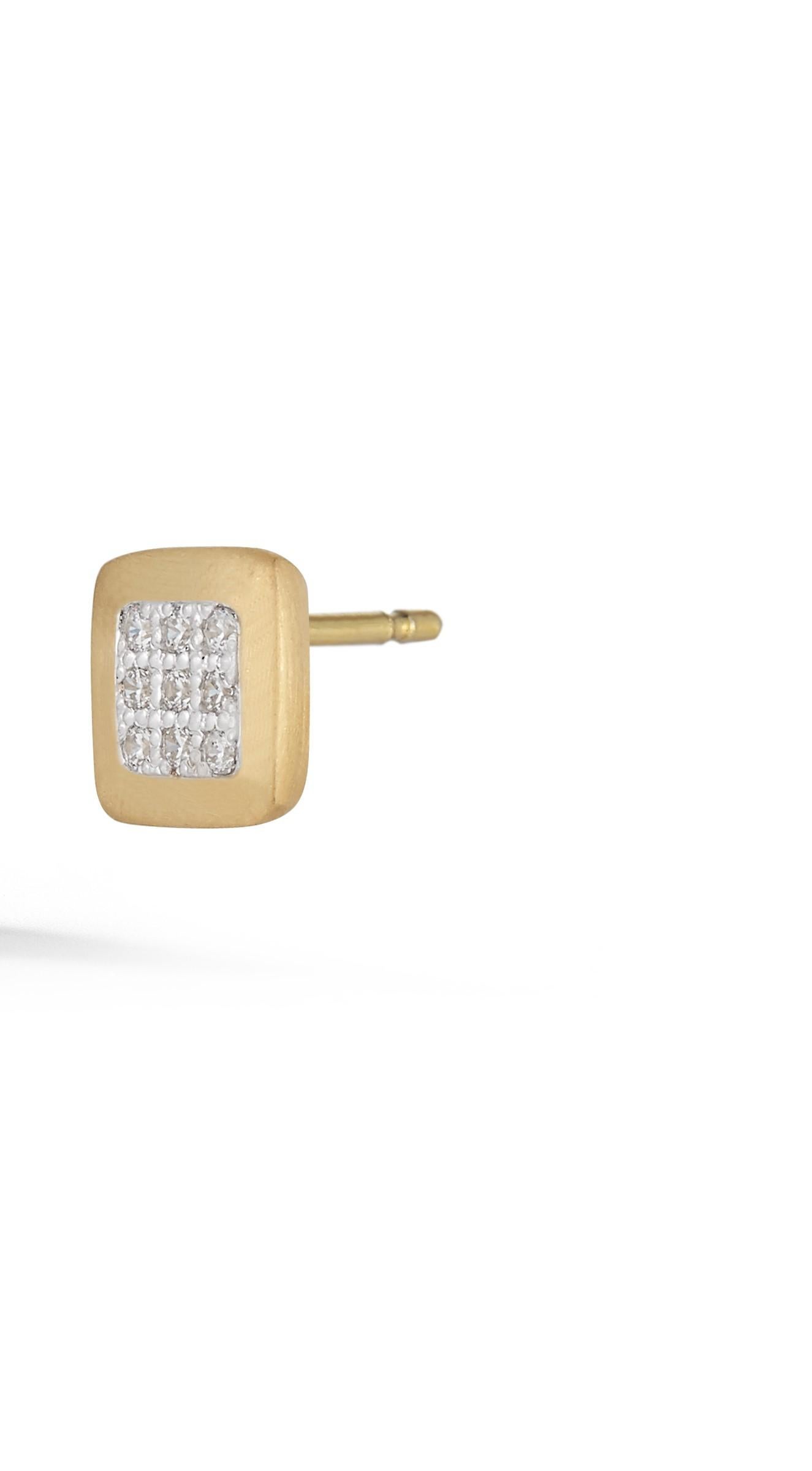 14 Karat Yellow Gold Hand-Crafted Matte-Finished Square-Shaped Stud Earrings, Centered with 0.18 Carats of Pave Set Diamonds.
