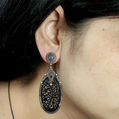 Hand Craved Black Jade Earring with Diamonds