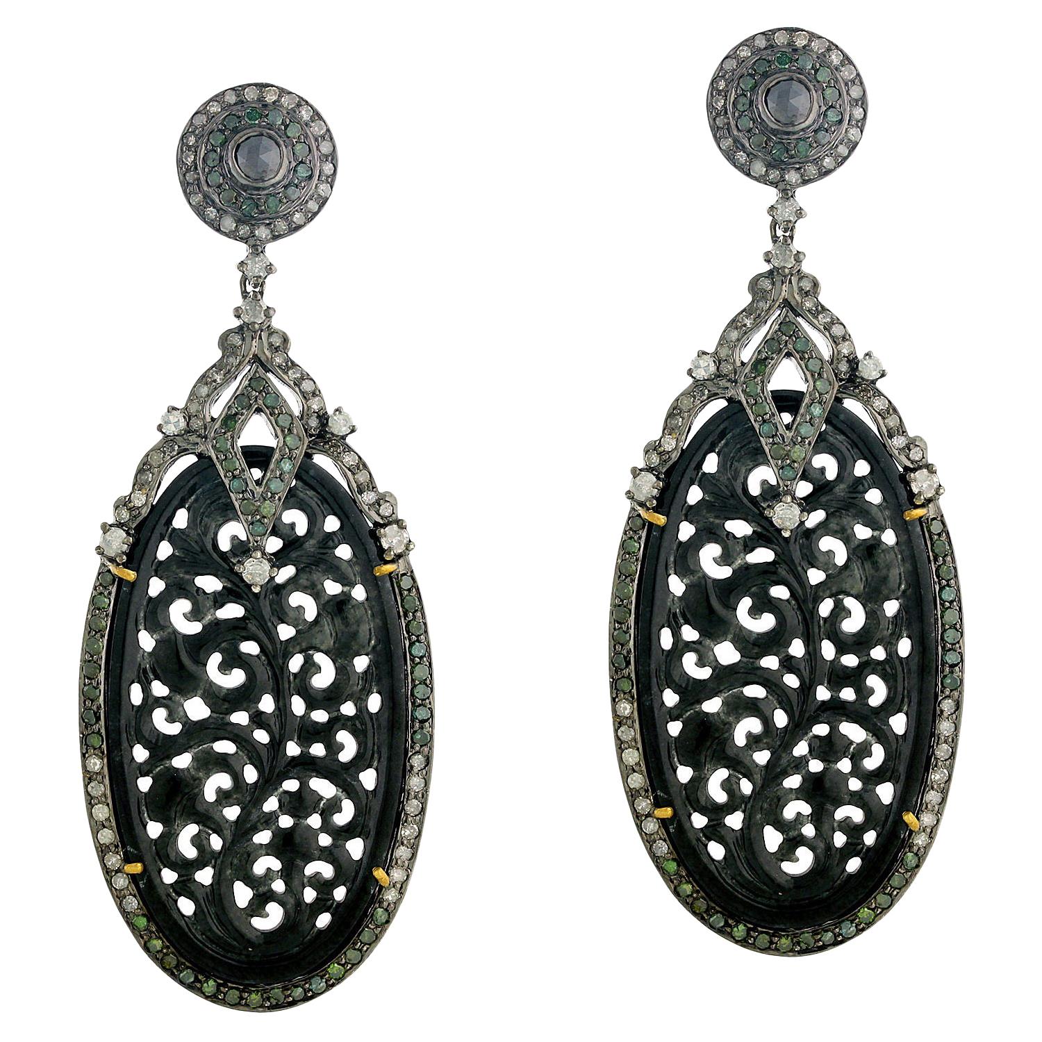 Hand Craved Black Jade Earring with Diamonds For Sale