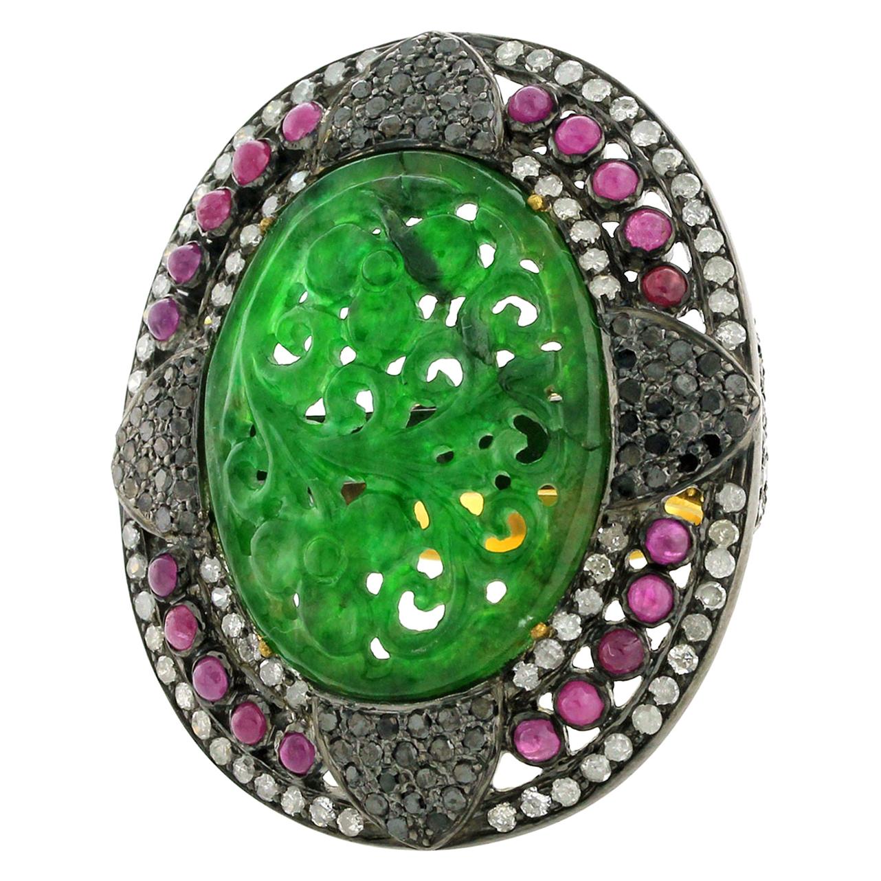 Hand Carved Jade Ring with Diamond and Rubies in Silver and Gold For Sale