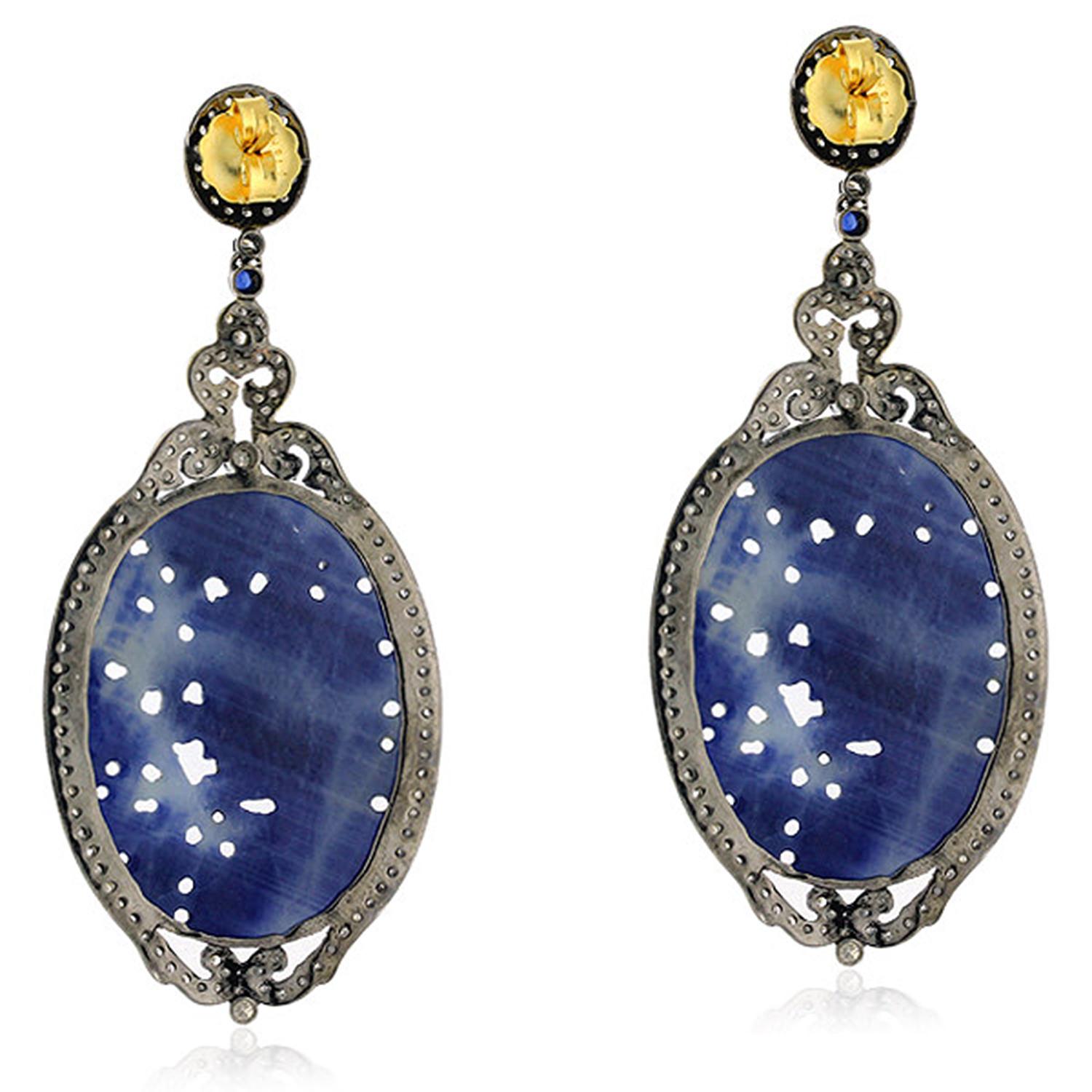 Mixed Cut Hand Carved Sapphire Earring with Diamonds Set in Silver and Gold For Sale