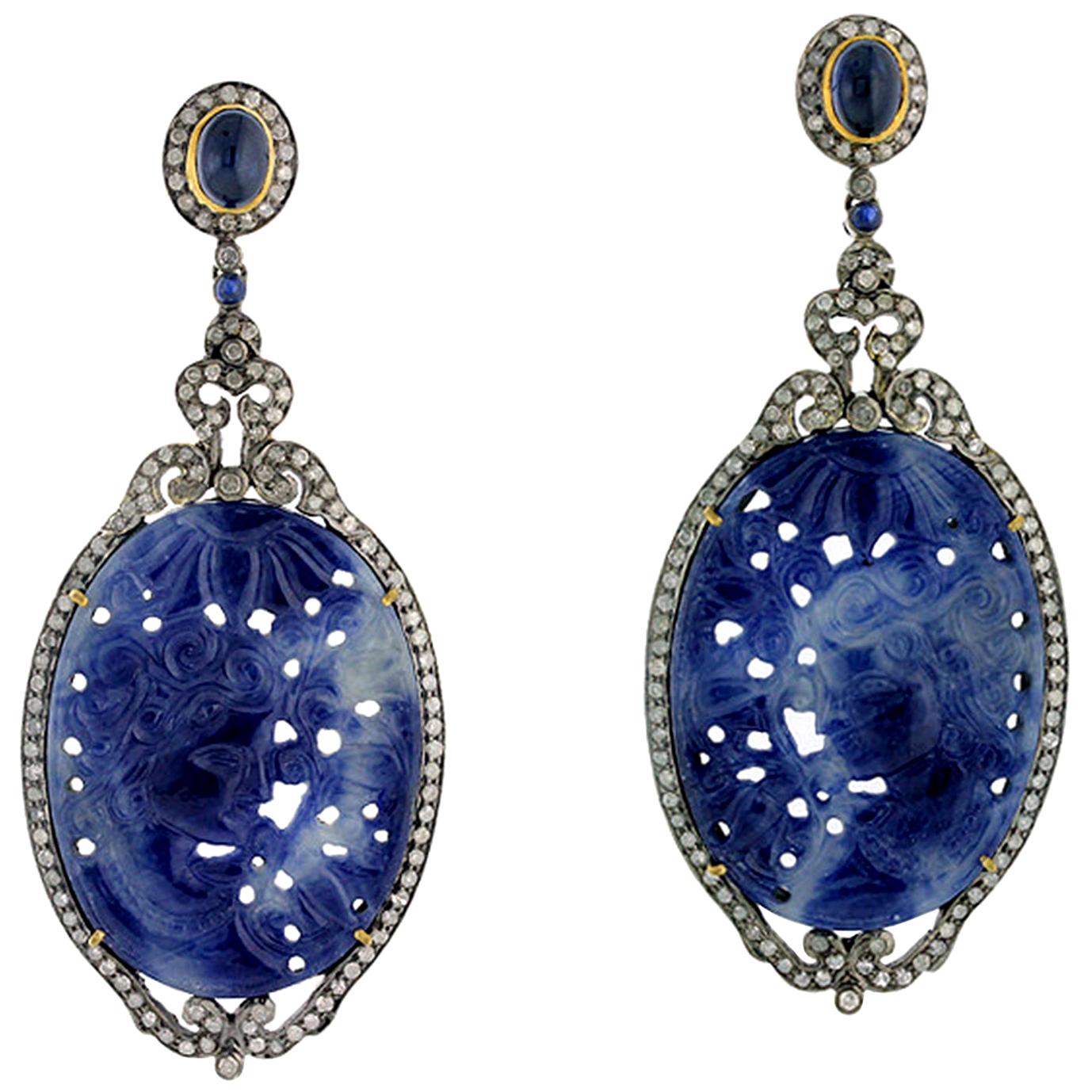 Hand Carved Sapphire Earring with Diamonds Set in Silver and Gold For Sale