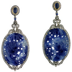 Hand Carved Sapphire Earring with Diamonds Set in Silver and Gold