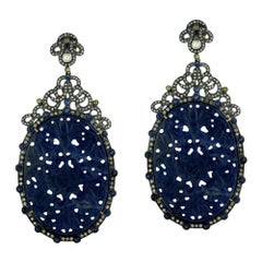 Hand Carved Sliced Sapphire Earring With Diamonds Around in 18k Gold and Silver