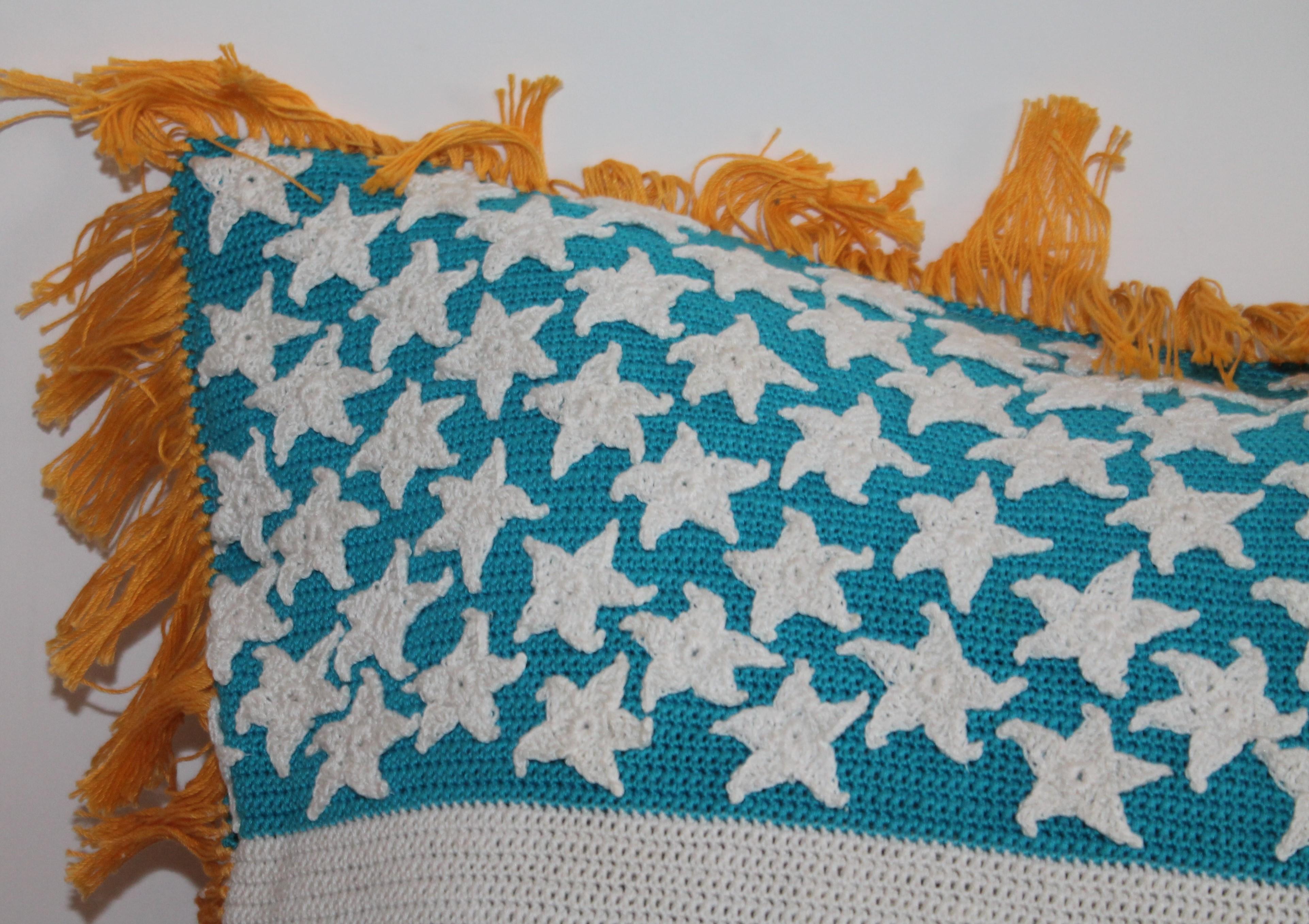 Hand crochet vintage flag with hand appliqued stars and original fringe. The backing is in antique homespun linen. The fill is down and feather fill.