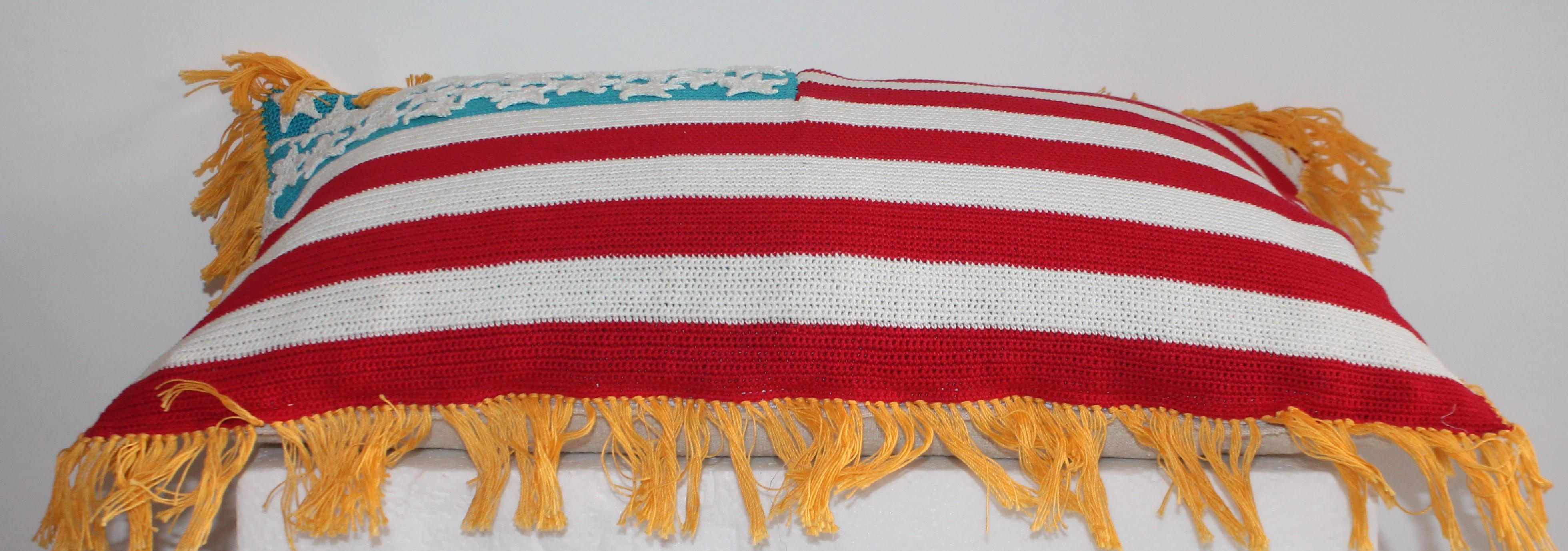 American Hand Crochet Vintage Flag Pillow For Sale