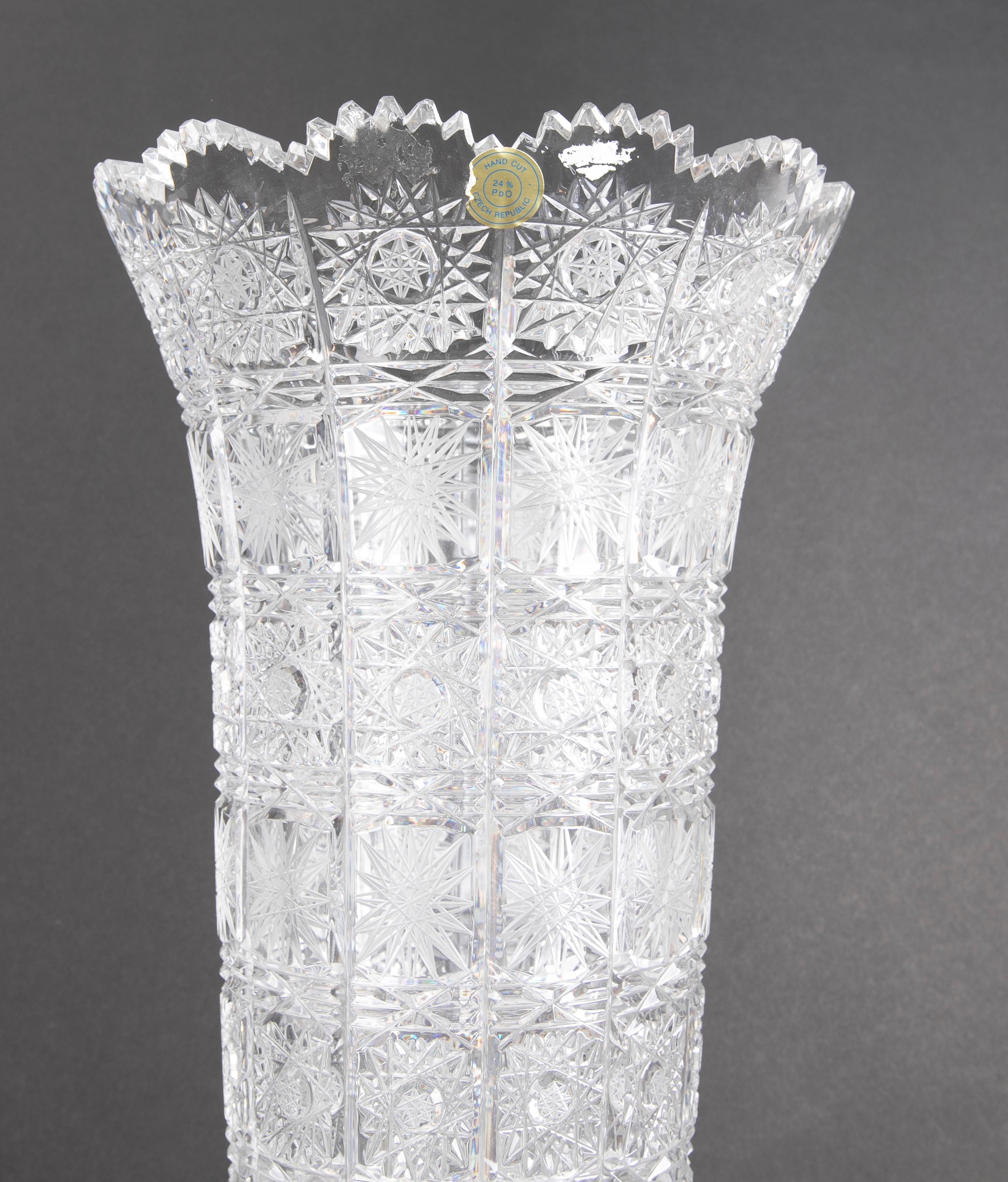 Glass Hand-Cut Bohemian Crystal Vase For Sale