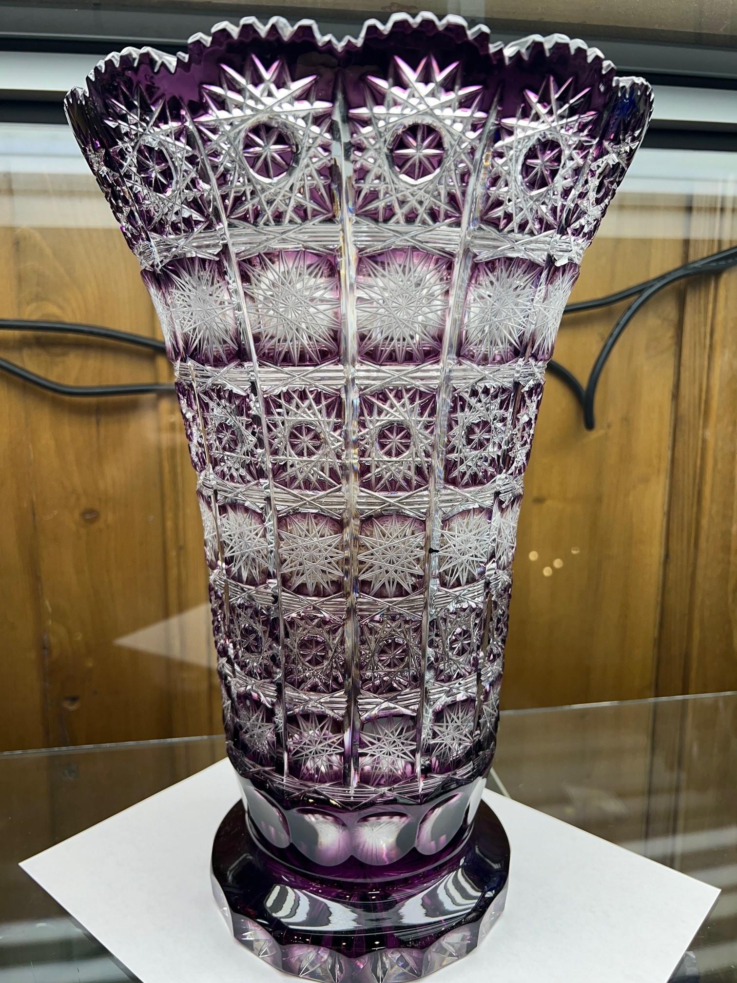 Hand Cut Crystal Amethyst Vase by Caesar Crystal Bohemiae Co. Czech, Republic In Good Condition For Sale In Stamford, CT
