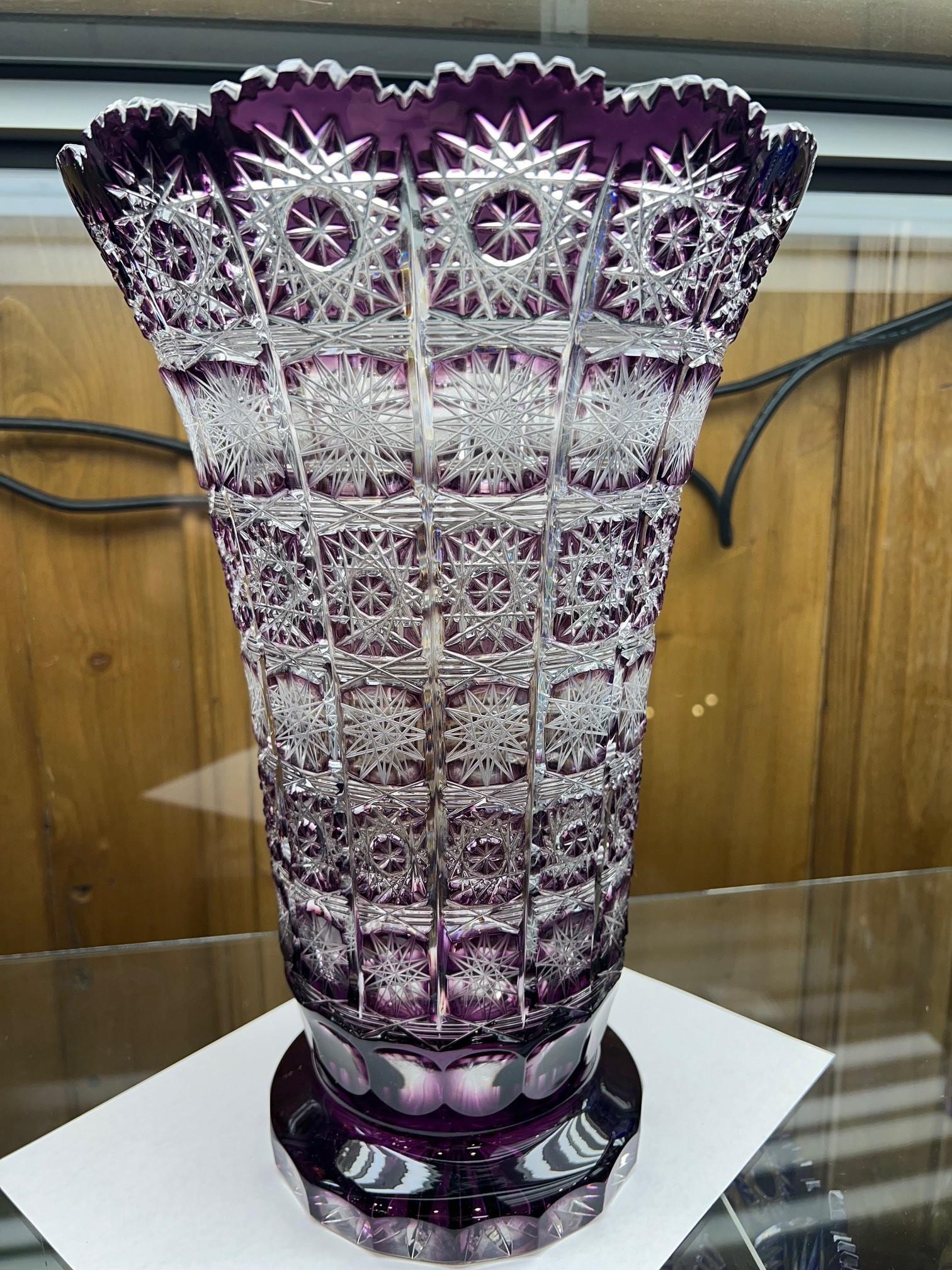 20th Century Hand Cut Crystal Amethyst Vase by Caesar Crystal Bohemiae Co. Czech, Republic For Sale