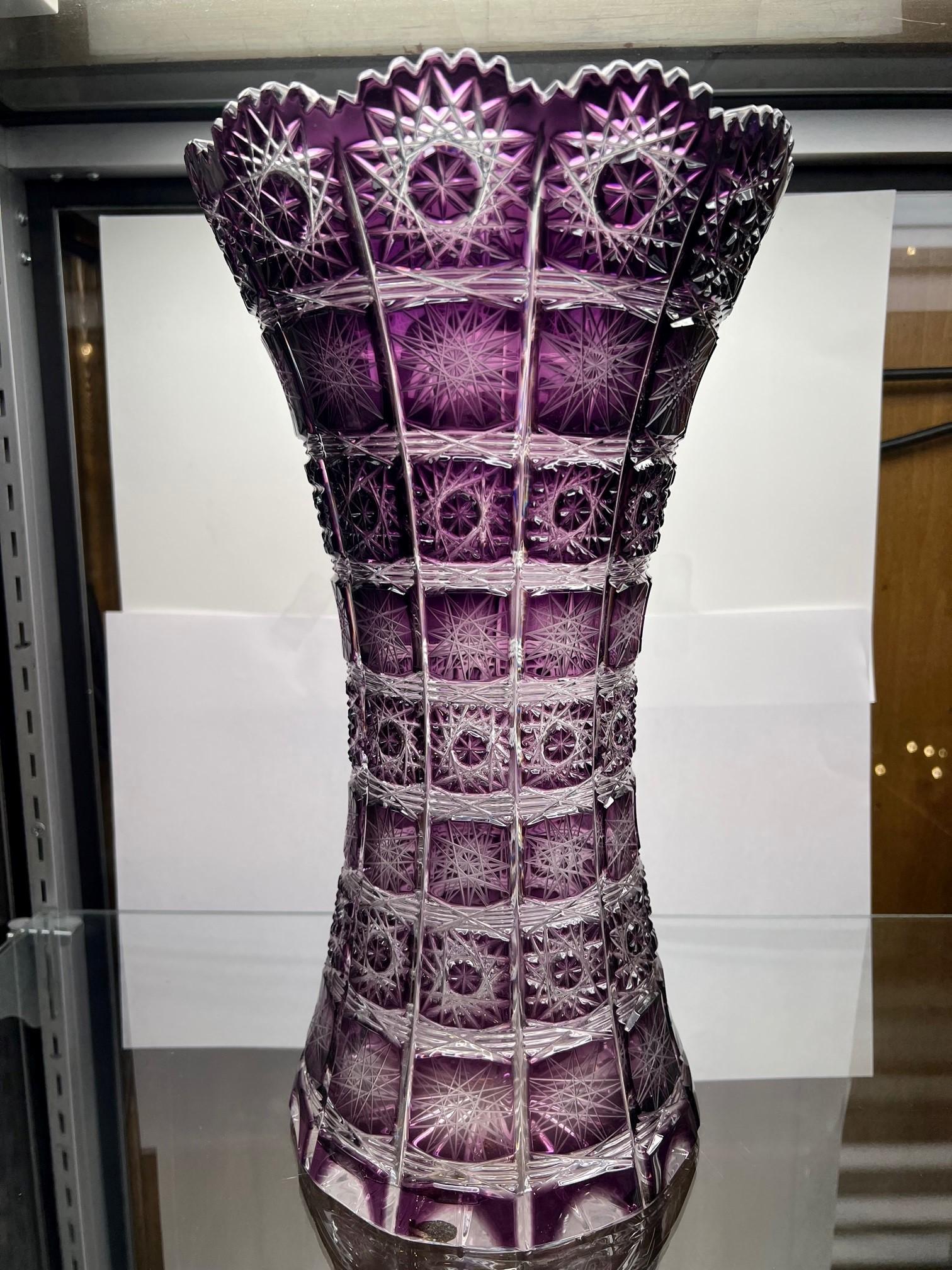 20th Century Hand Cut Crystal Amethyst Vase by Caesar Crystal Bohemiae Co. Czech, Republic