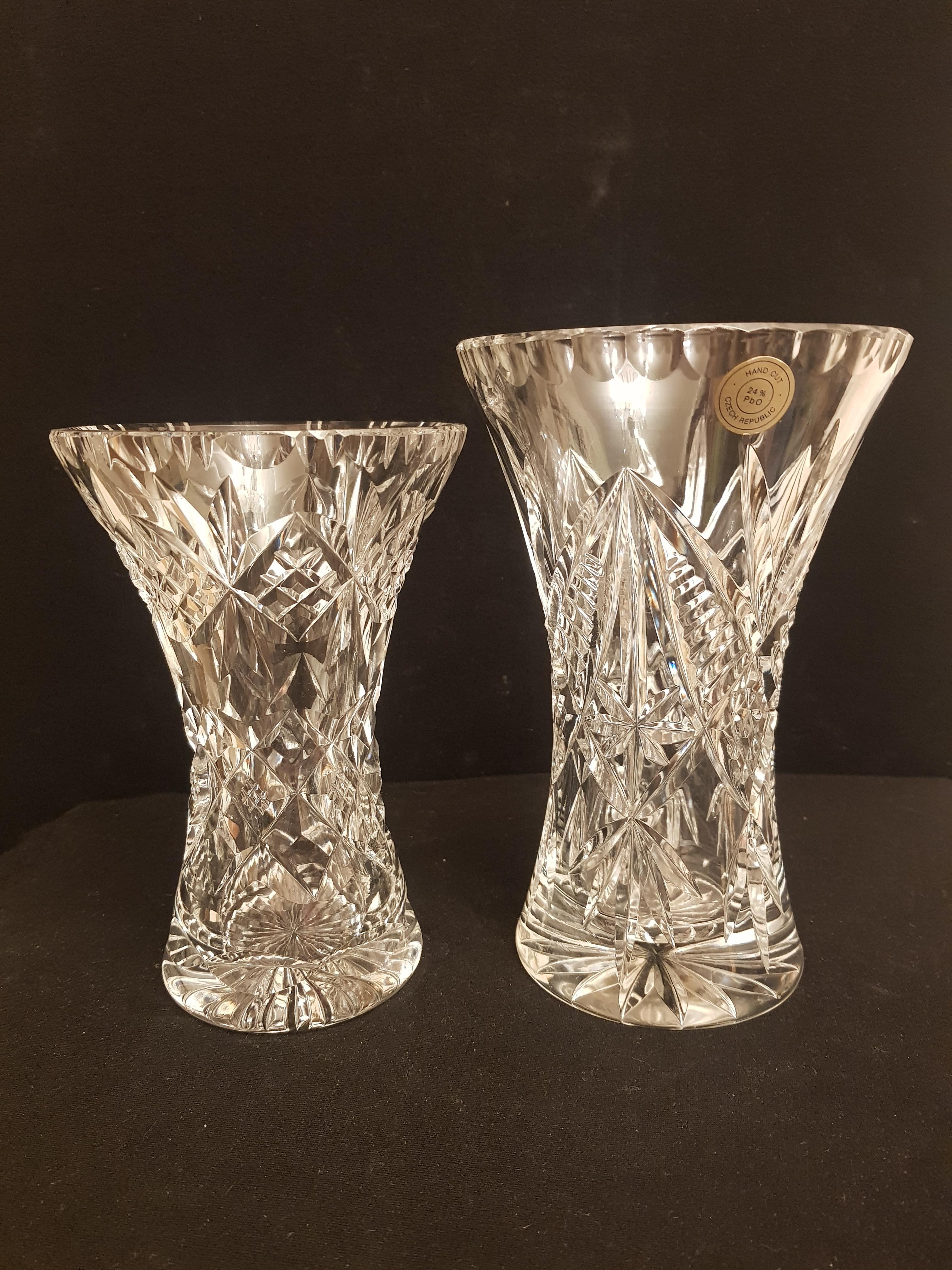 Beautiful vitange Bohemian hand cut crystal vases set of 2 pieces high quality crystal brilliant condition.