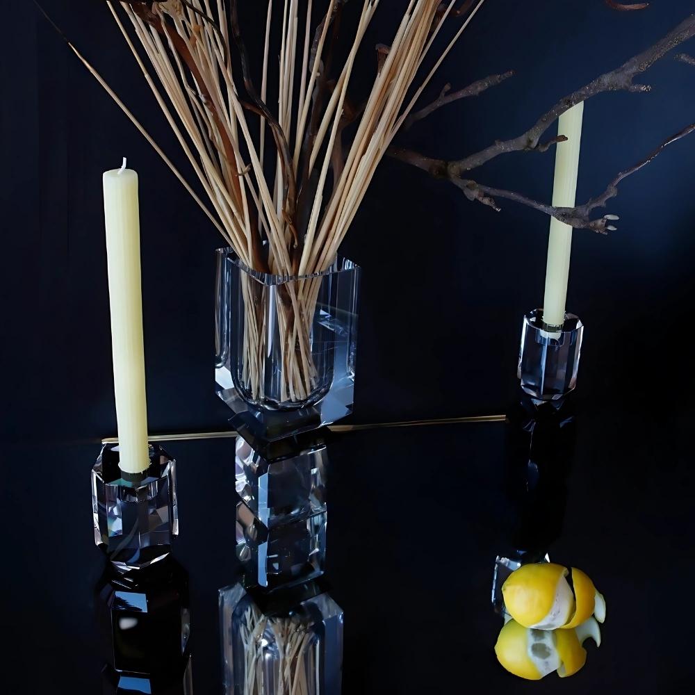 Hand-Carved Ambrosià Crystal Candlestick Set – Hand-Cut Candle Holders for Home Décor For Sale